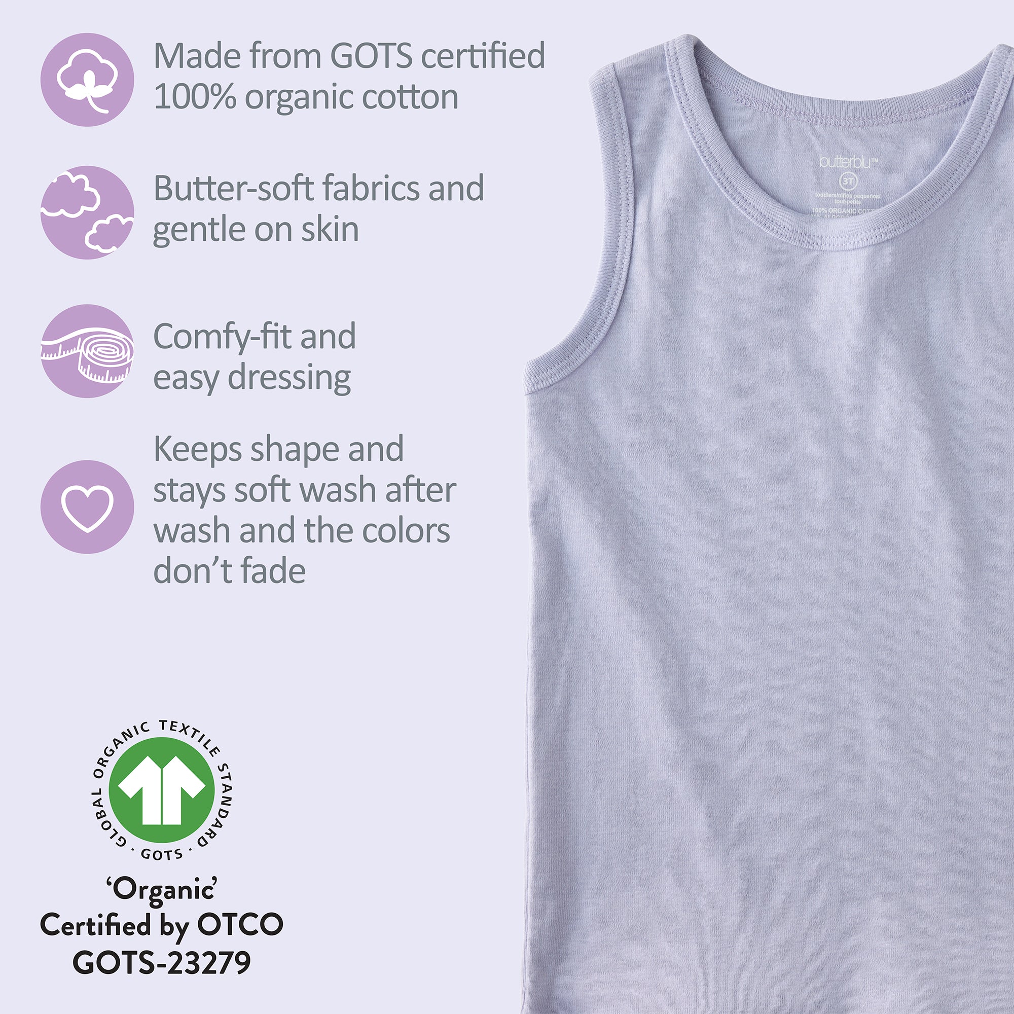 Frost sleeveless tee with GOTS certification badges
