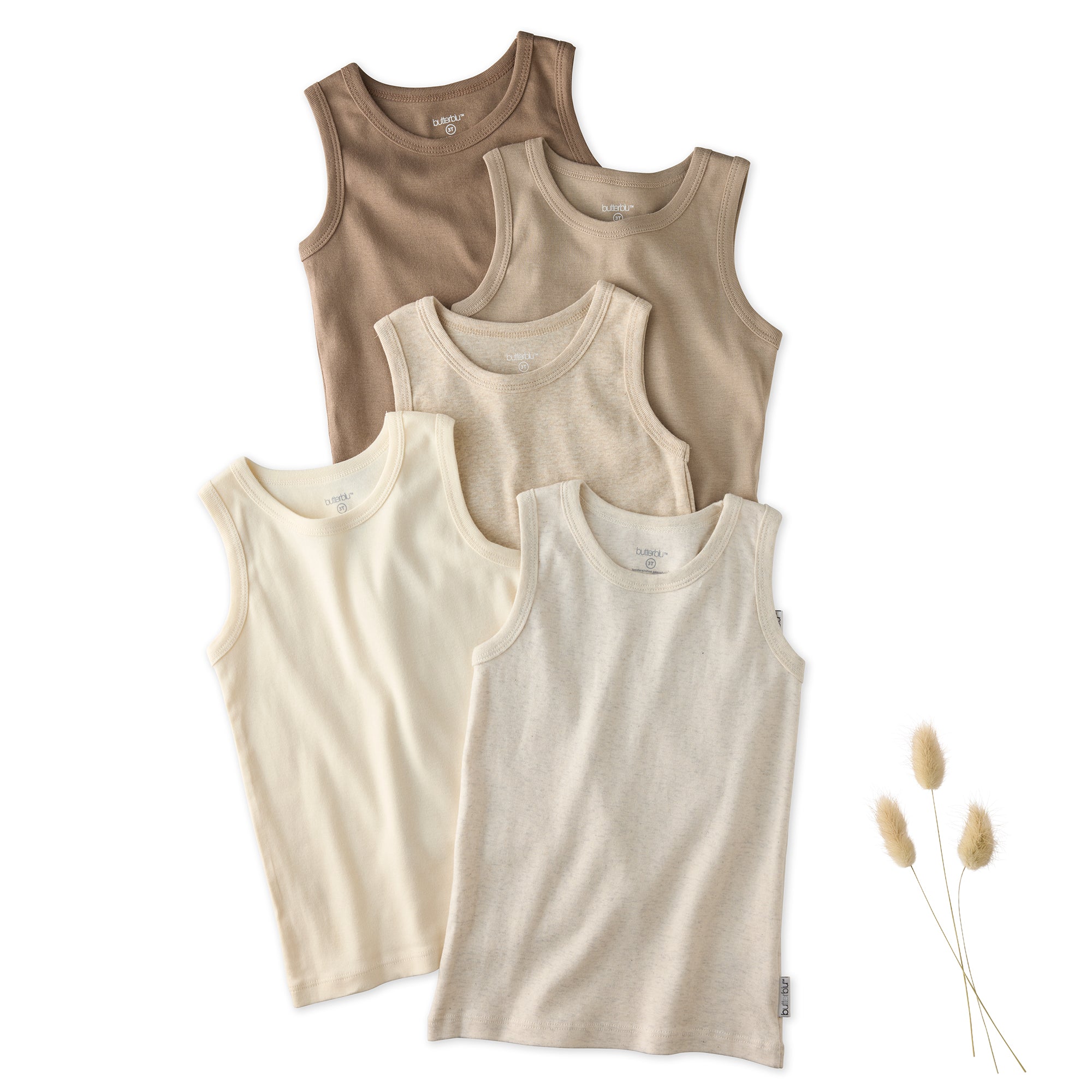 5 sleeveless shirts in Natrual on a white background with a leaf
