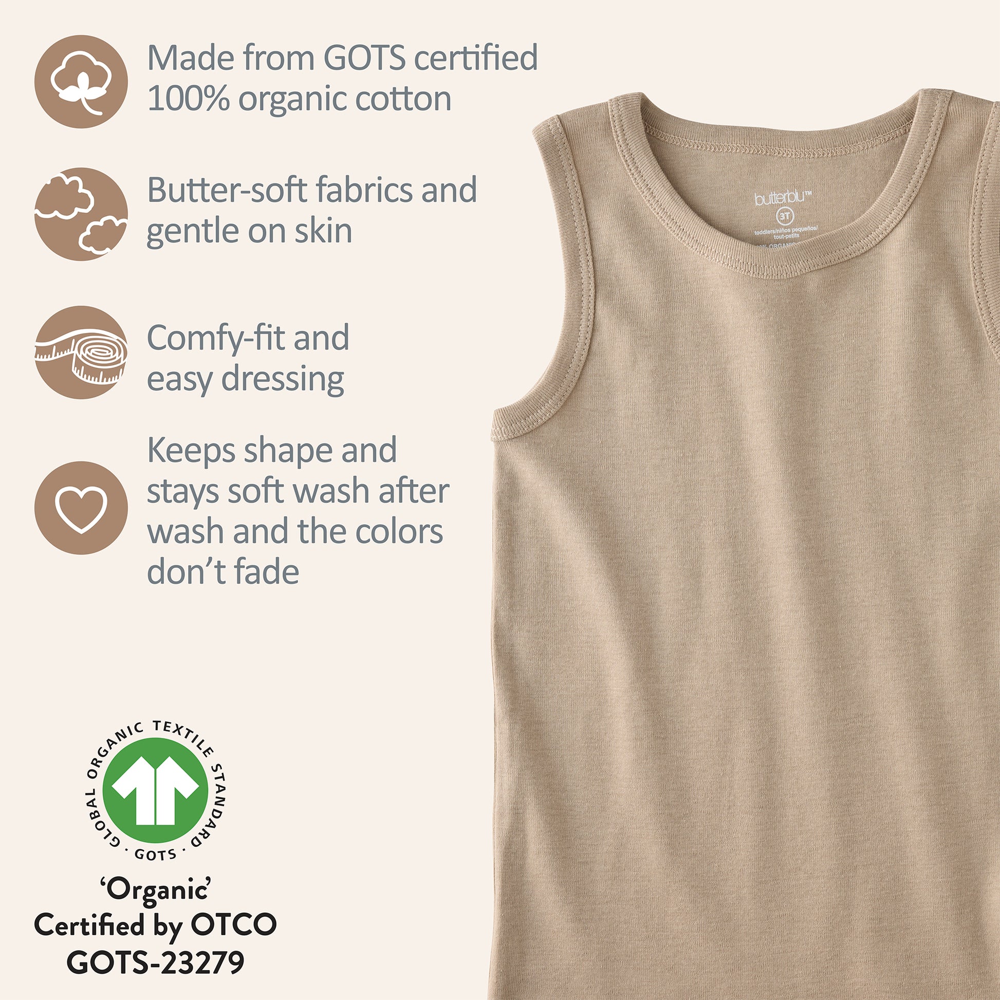 Natrual sleeveless tee with GOTS certification badges
