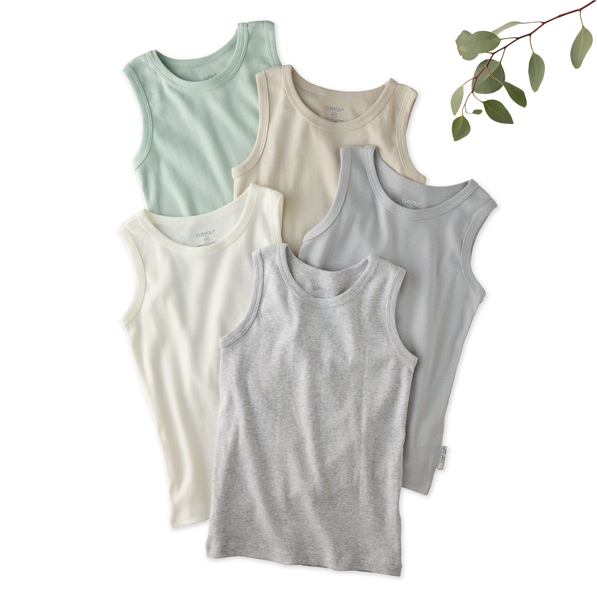 5 sleeveless shirts in Seafoam on a white background with a leaf