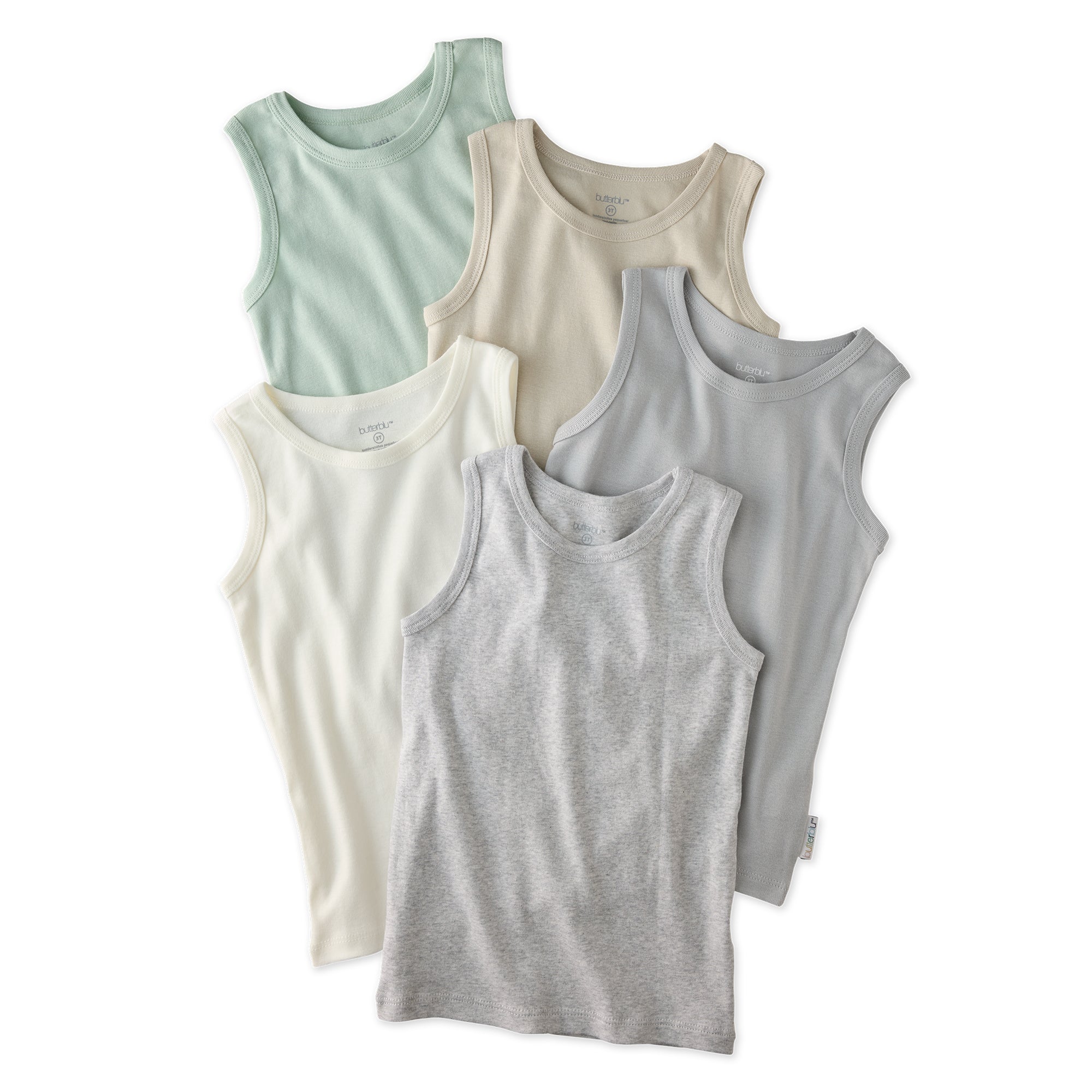 Layout of 5 Malone sleeveless tees in Seafoam on a white background