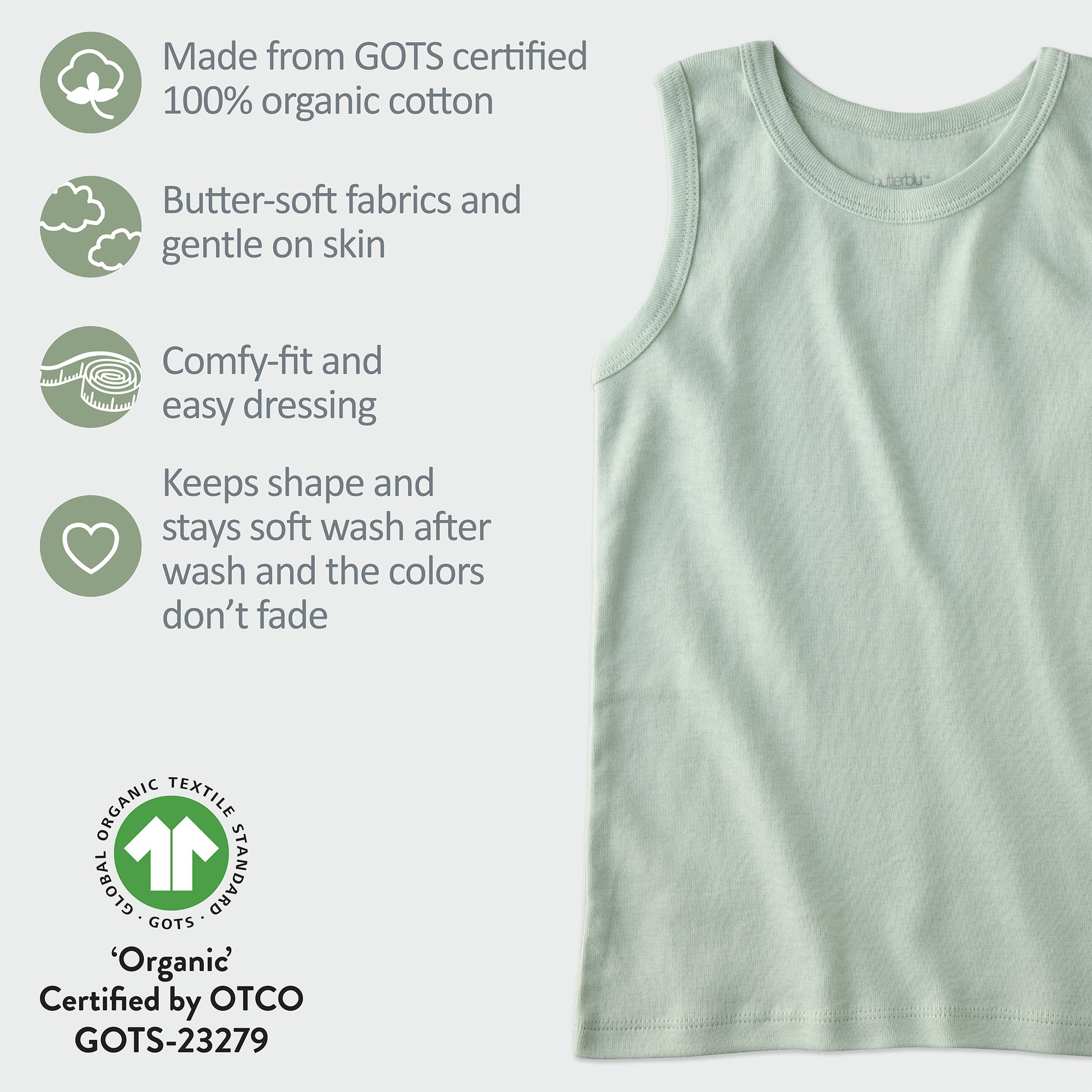Seafoam sleeveless tee with GOTS certification badges