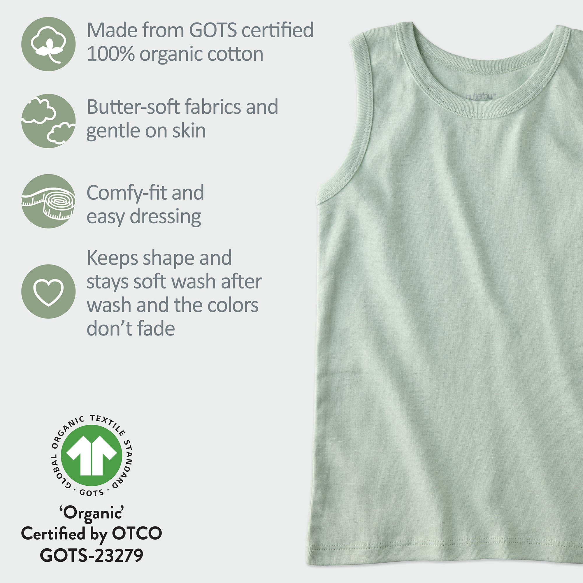 Seafoam sleeveless tee with GOTS certification badges