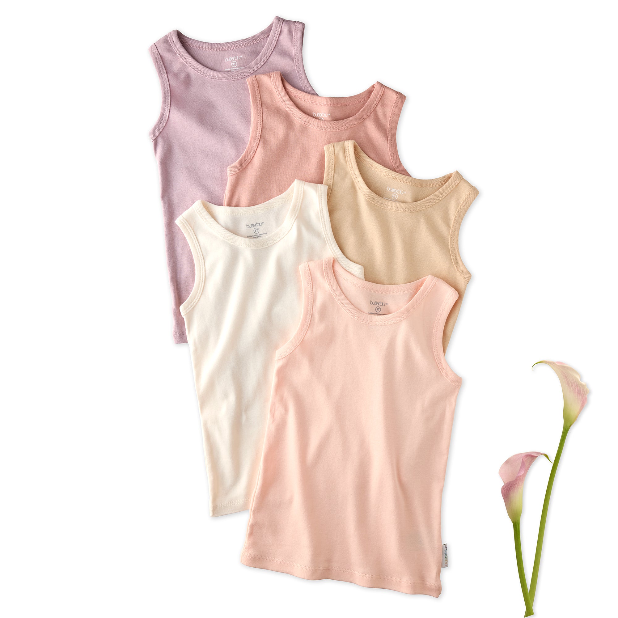 5 sleeveless shirts in Sorbet on a white background with a flower
