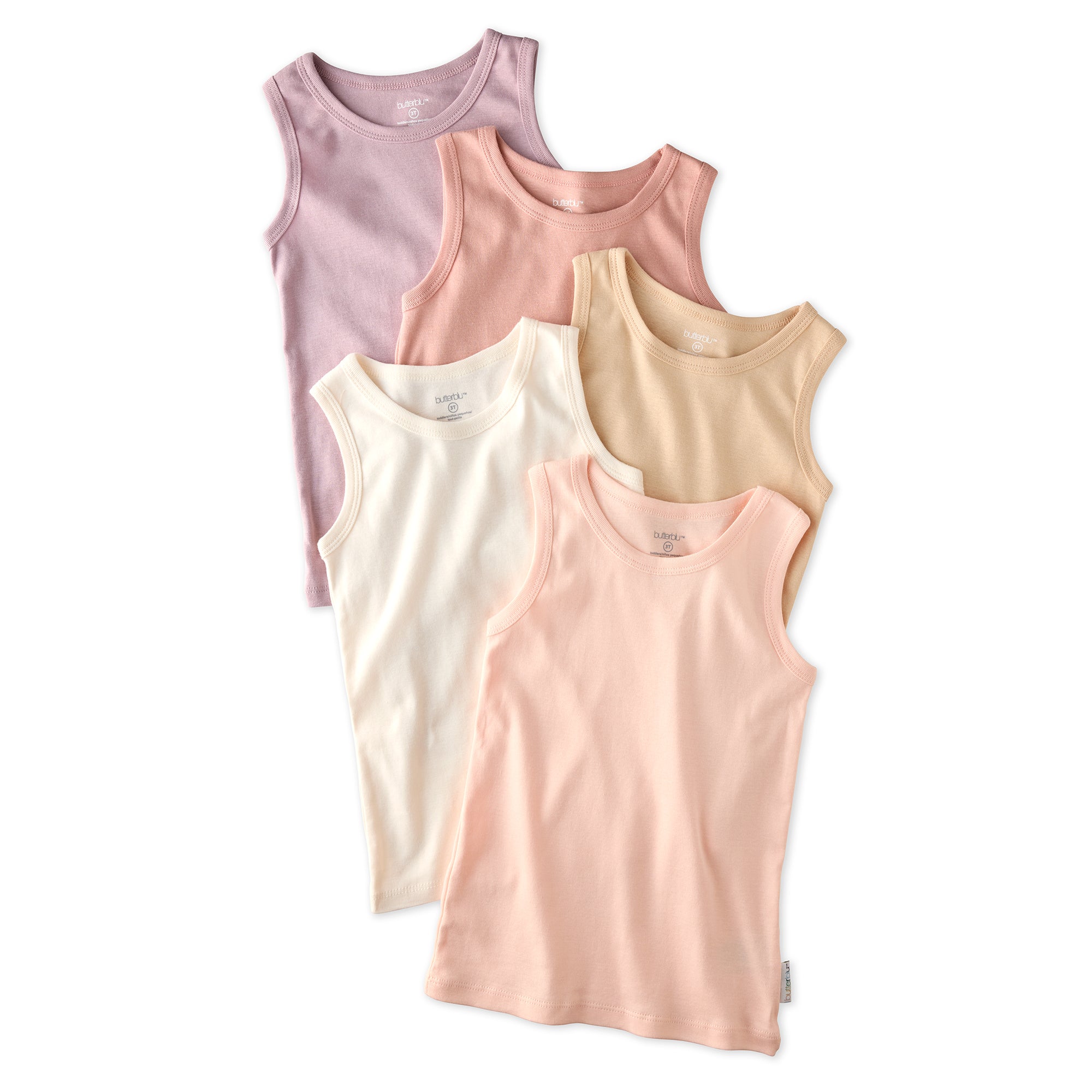 Layout of 5 Malone sleeveless tees in Sorbet on a white background