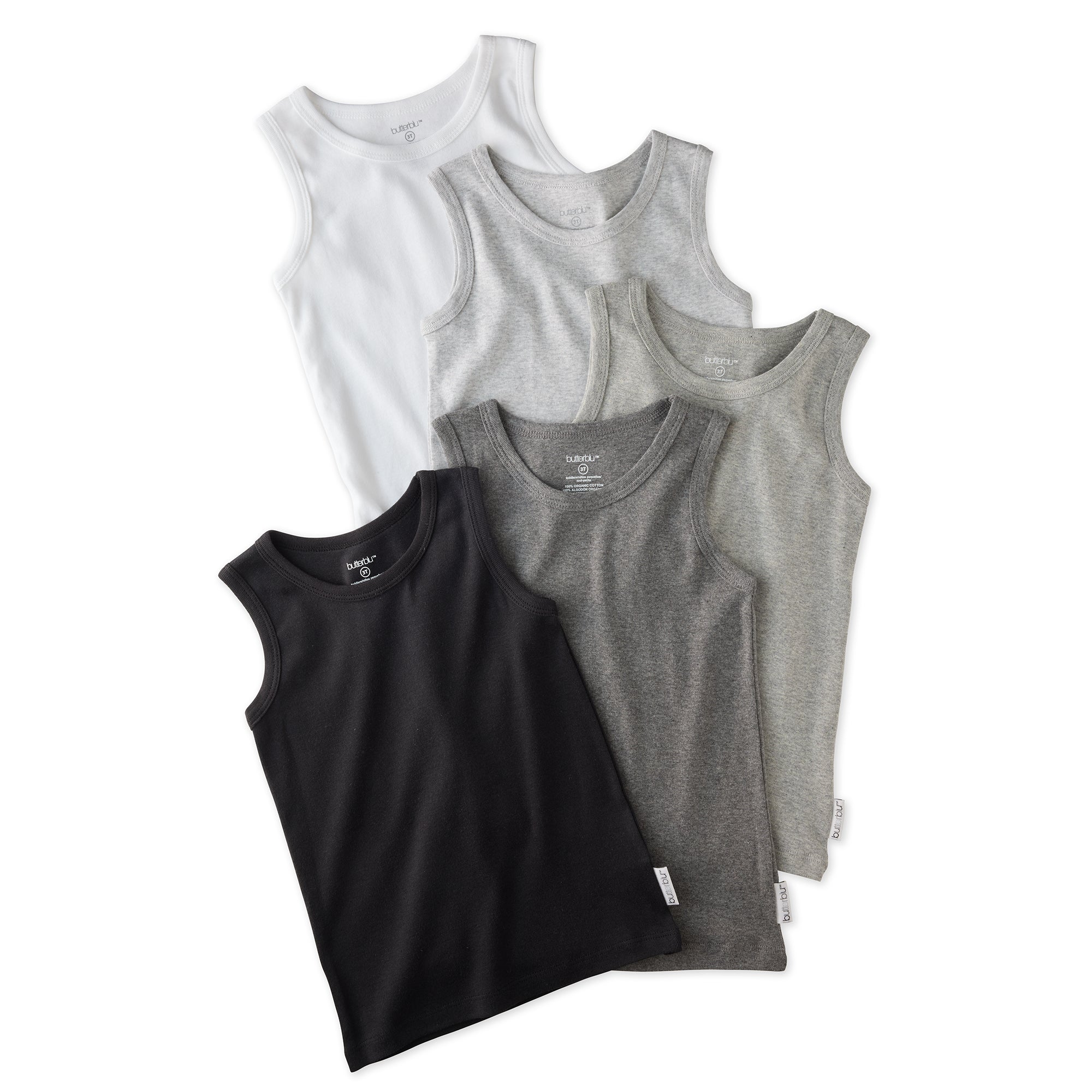 Layout of 5 Malone sleeveless tees in Stone on a white background
