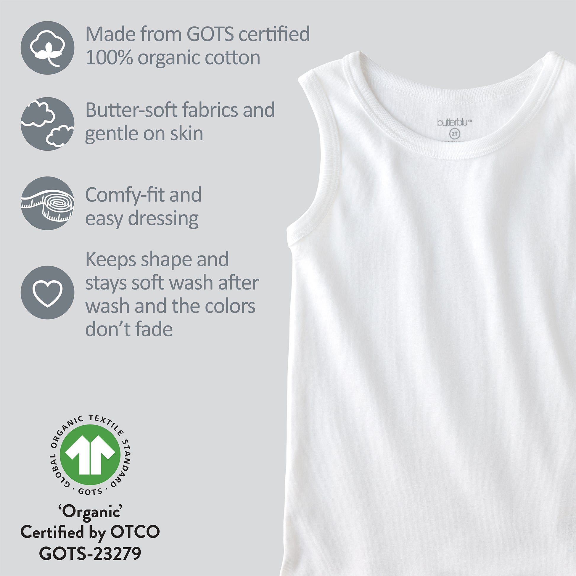 Stone sleeveless tee with GOTS certification badges
