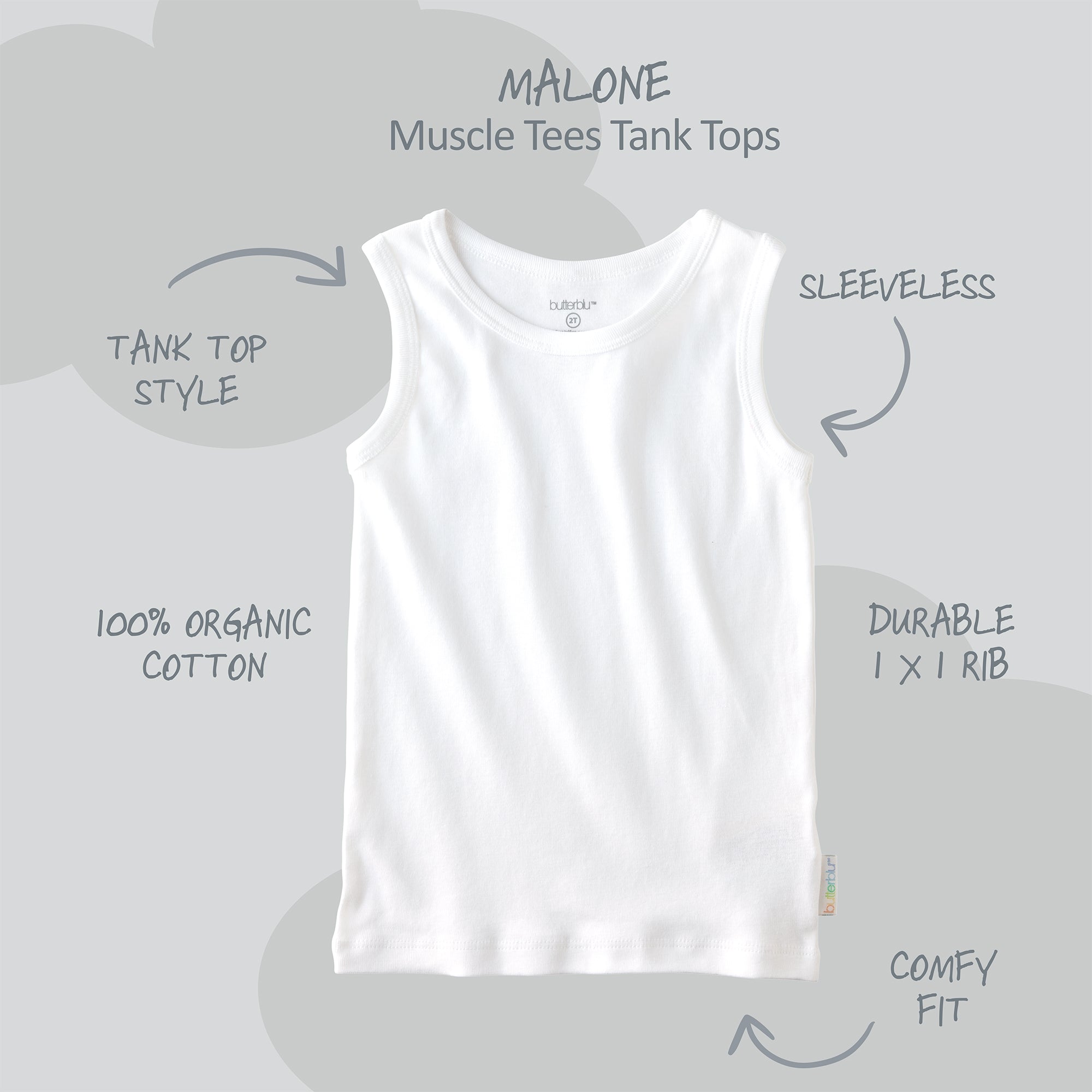 Malone tank with product descriptions around it and Malone title at the top

