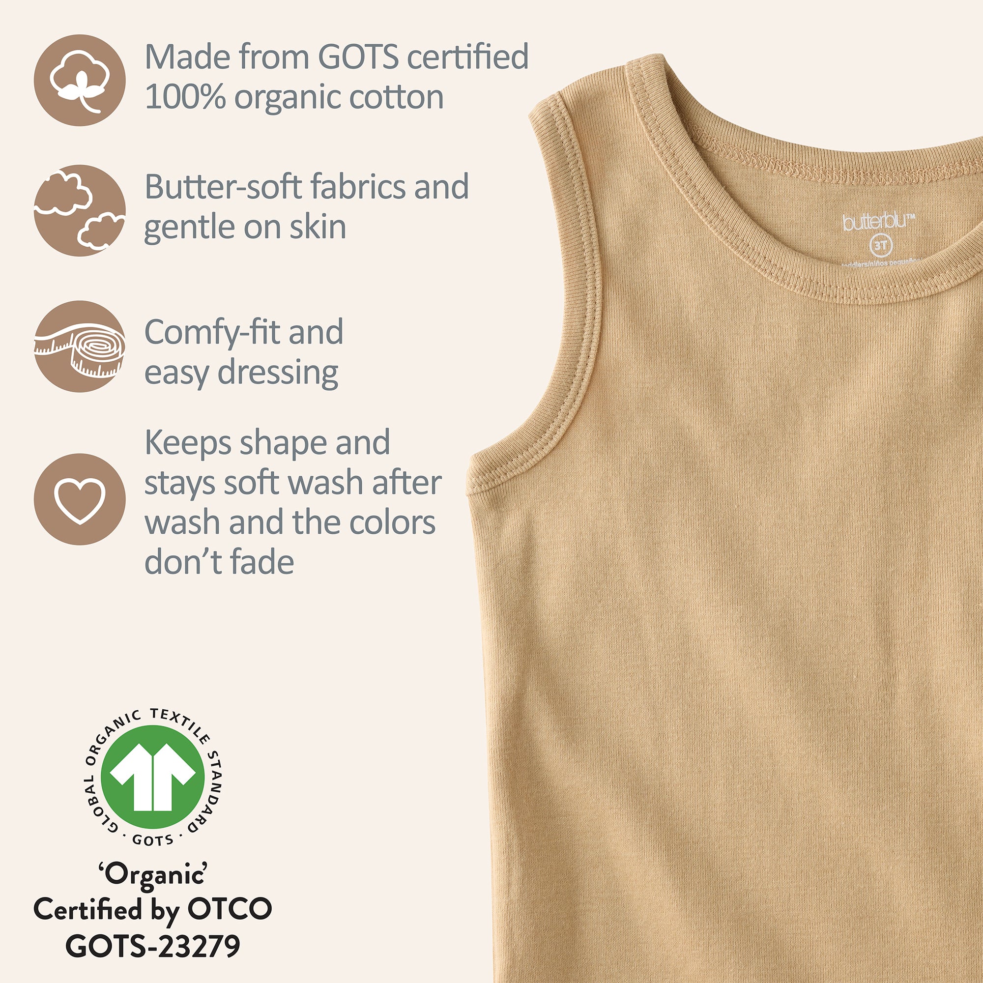 Terra sleeveless tee with GOTS certification badges
