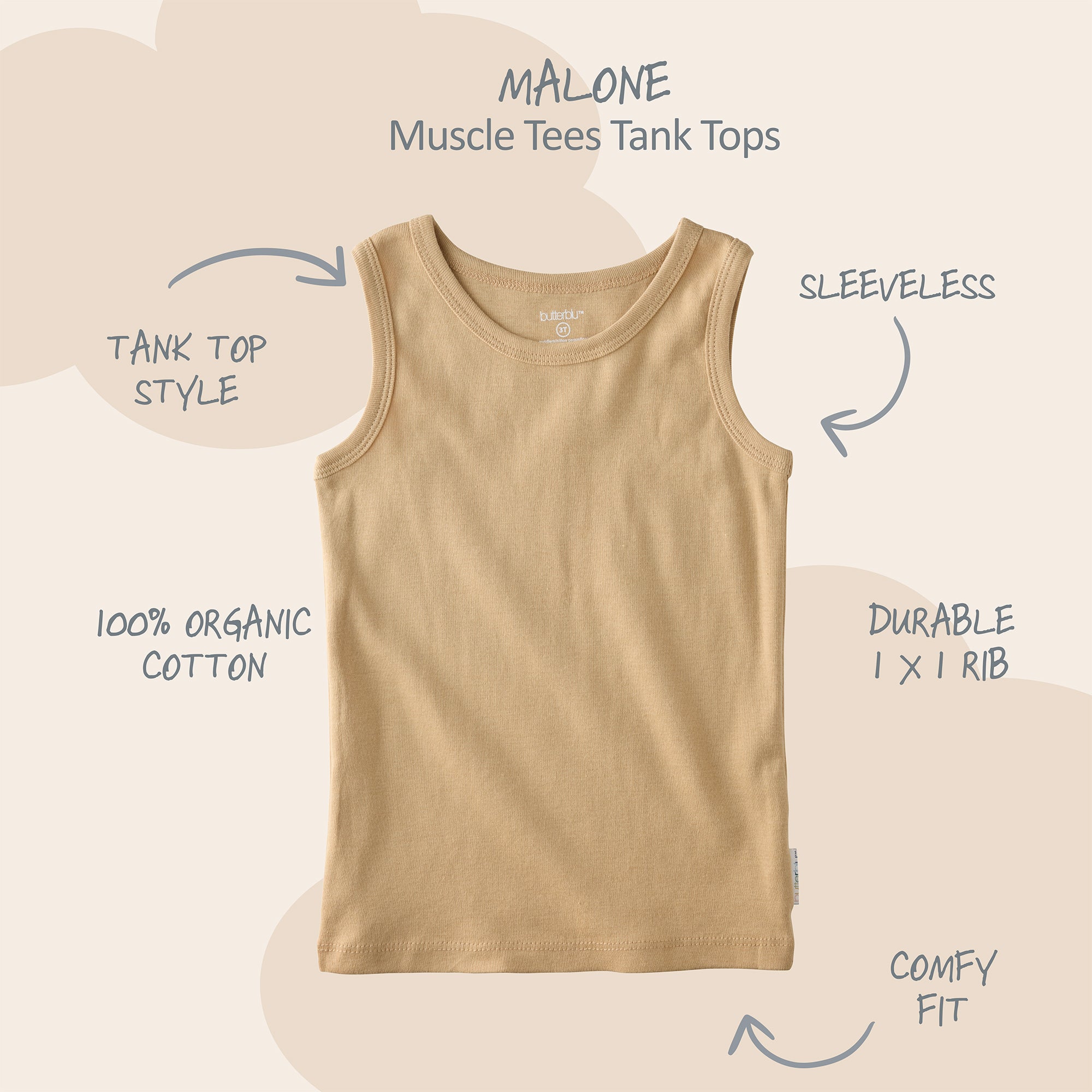Malone tank with product descriptions around it and Malone title at the top
