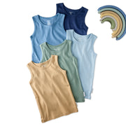 5 sleeveless shirts in Terra on a white background with a rainbow
