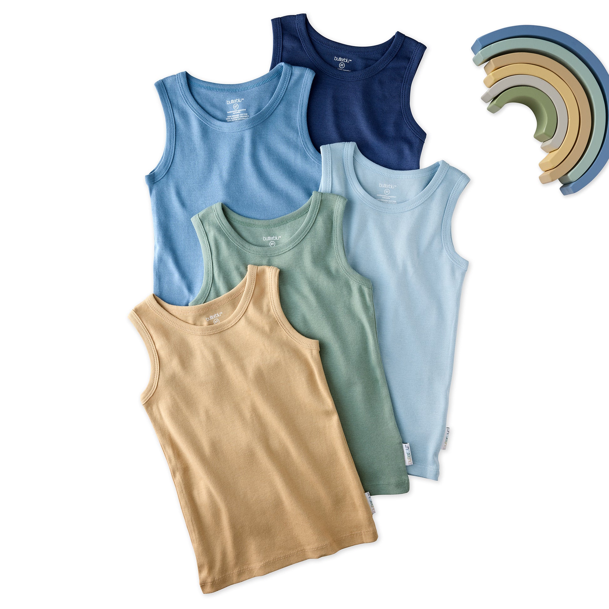 5 sleeveless shirts in Terra on a white background with a rainbow
