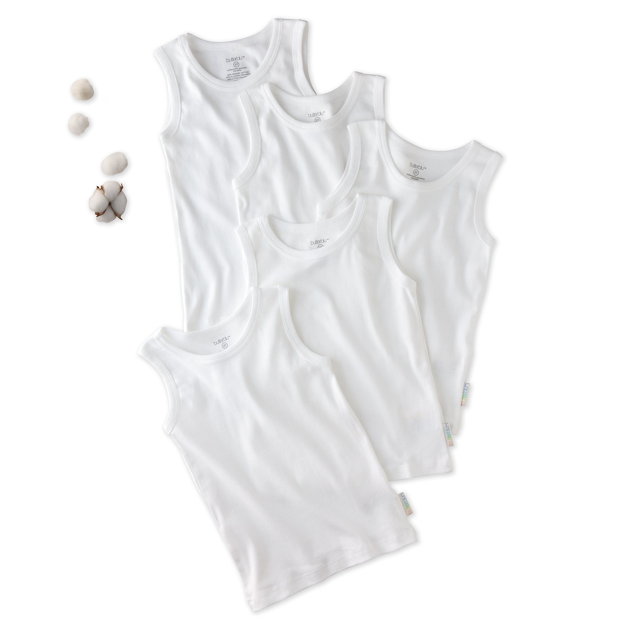 5 sleeveless shirts in white on a white background with cotton
