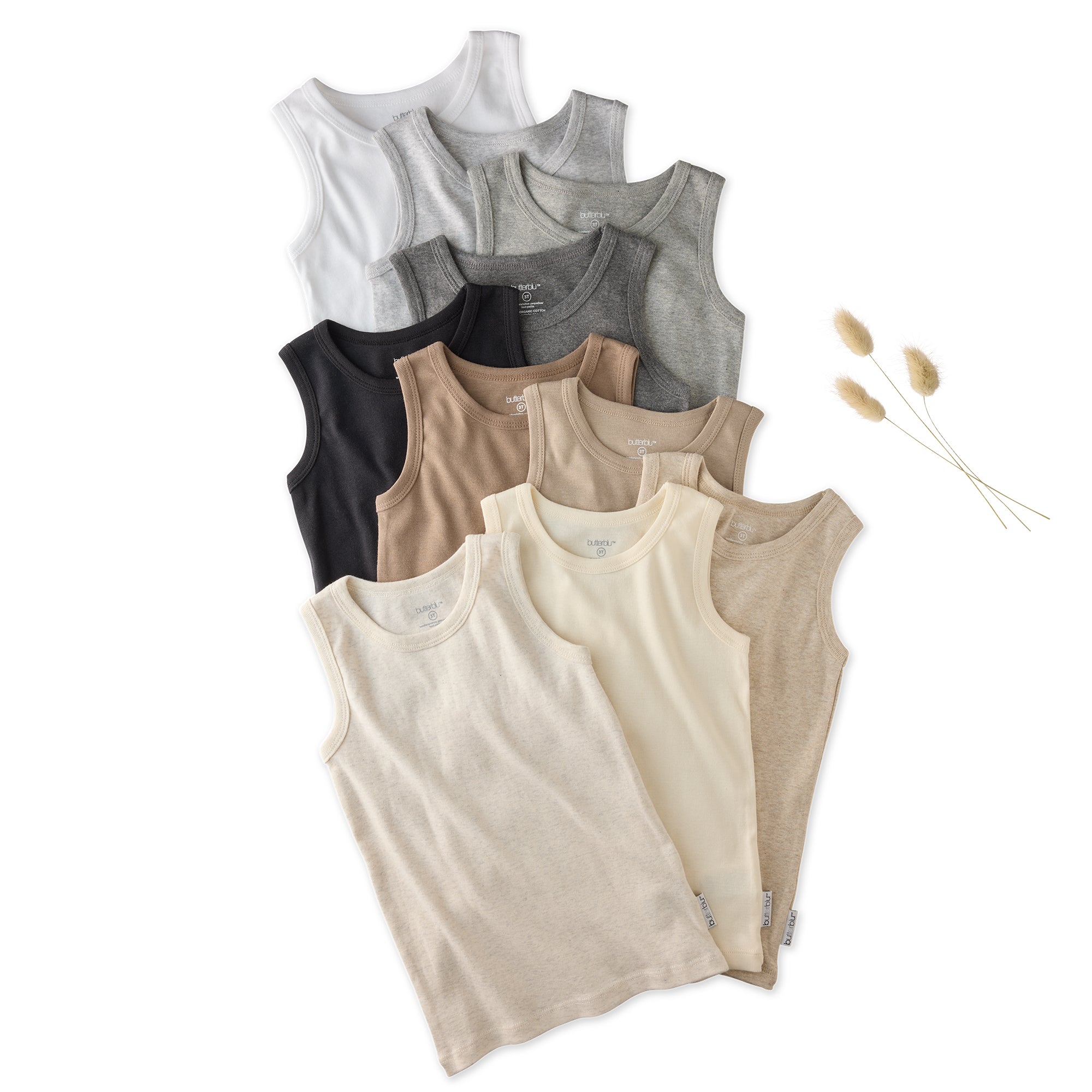 Layout of 10 short sleeve tank tops in Stone Natural Rainbow on a white background with a plant detail
