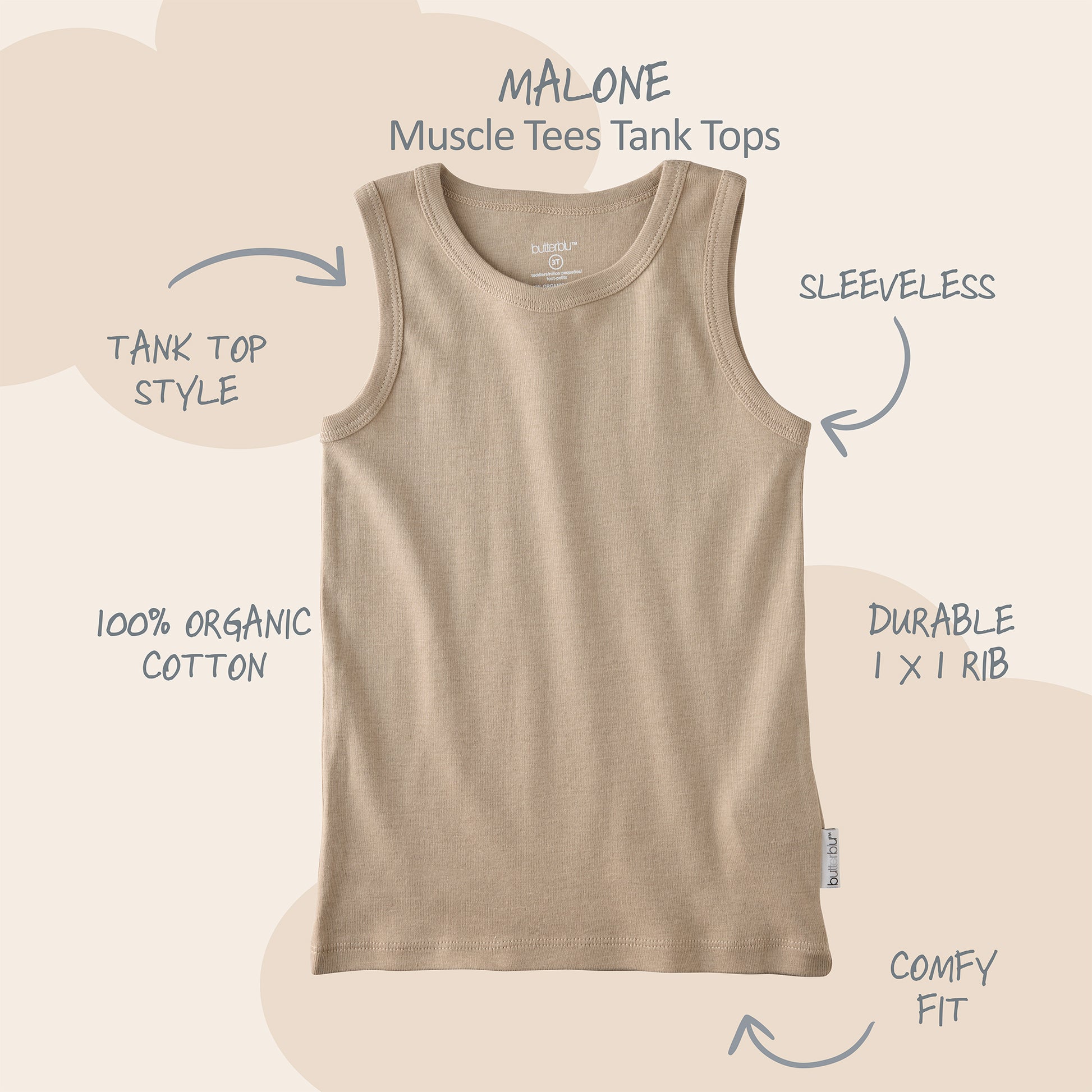Malone sleeveless muscle tee with product descriptions surrounding it and Malone title at the top