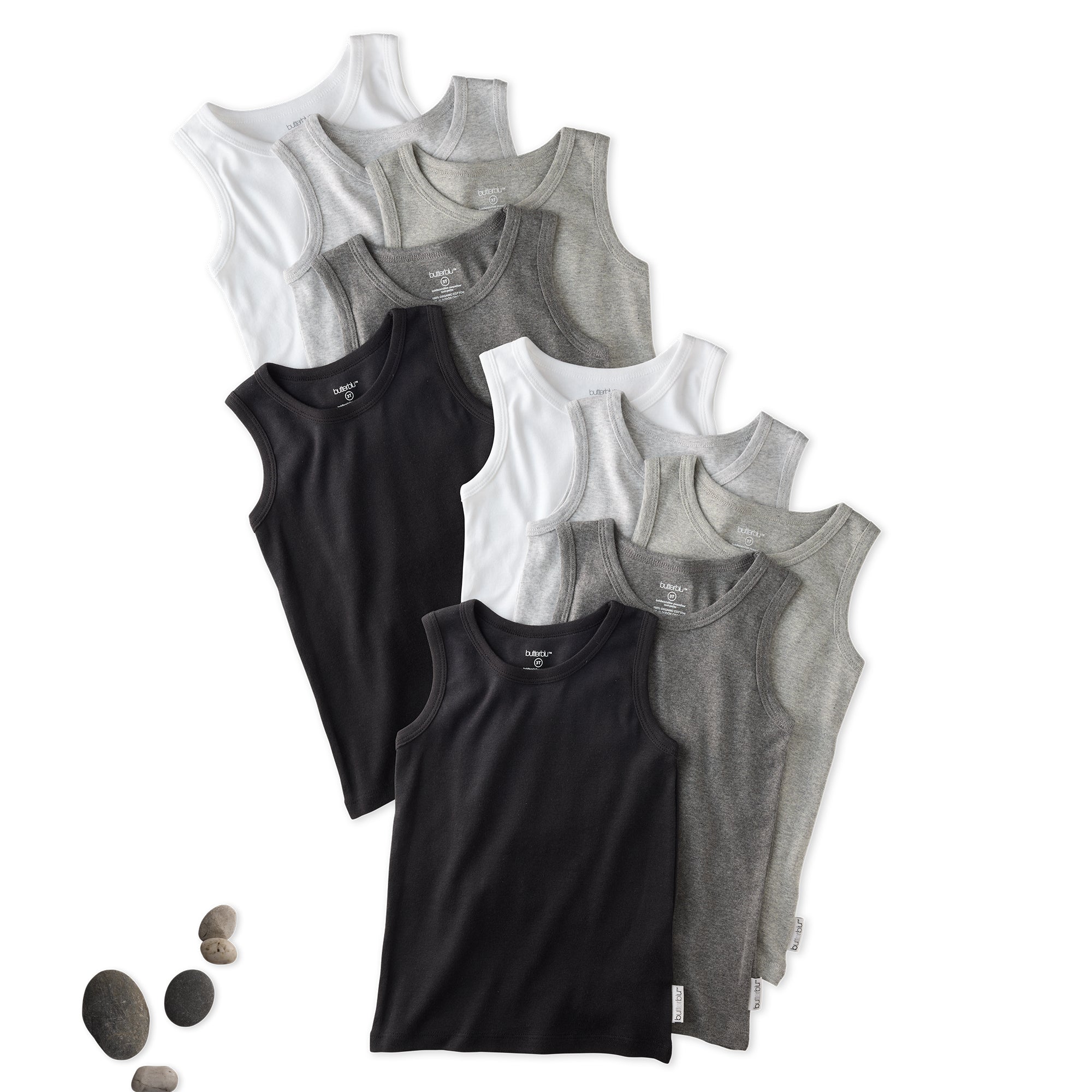 Layout of 10 short sleeve t-shirts in Stone Ombre Rainbow on a white background with a stone detail