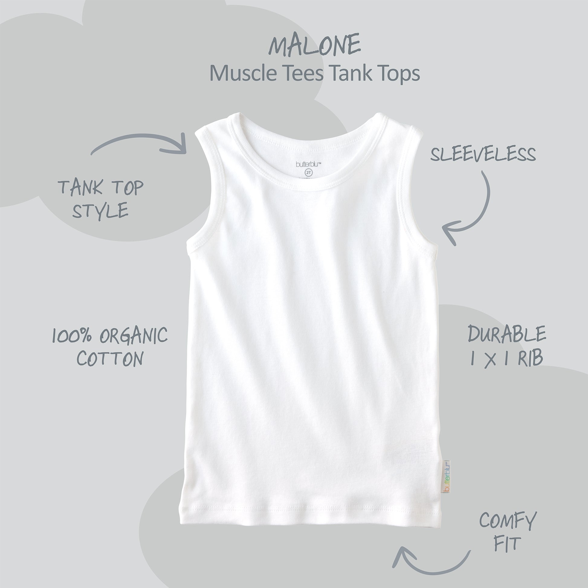 Malone sleeveless muscle tee with product descriptions surrounding it and Malone title at the top
