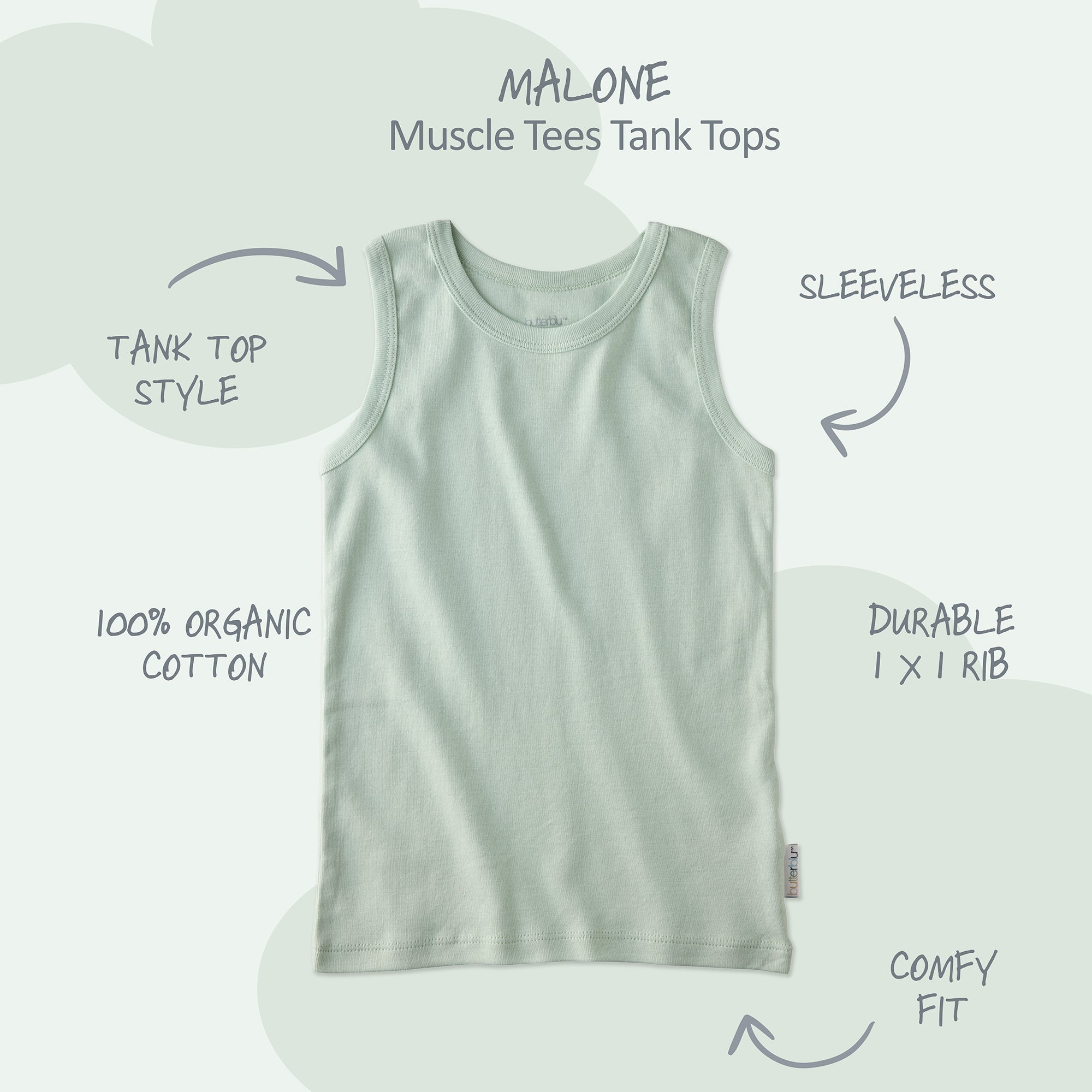Malone sleeveless muscle tee with product descriptions surrounding it and Malone title at the top
