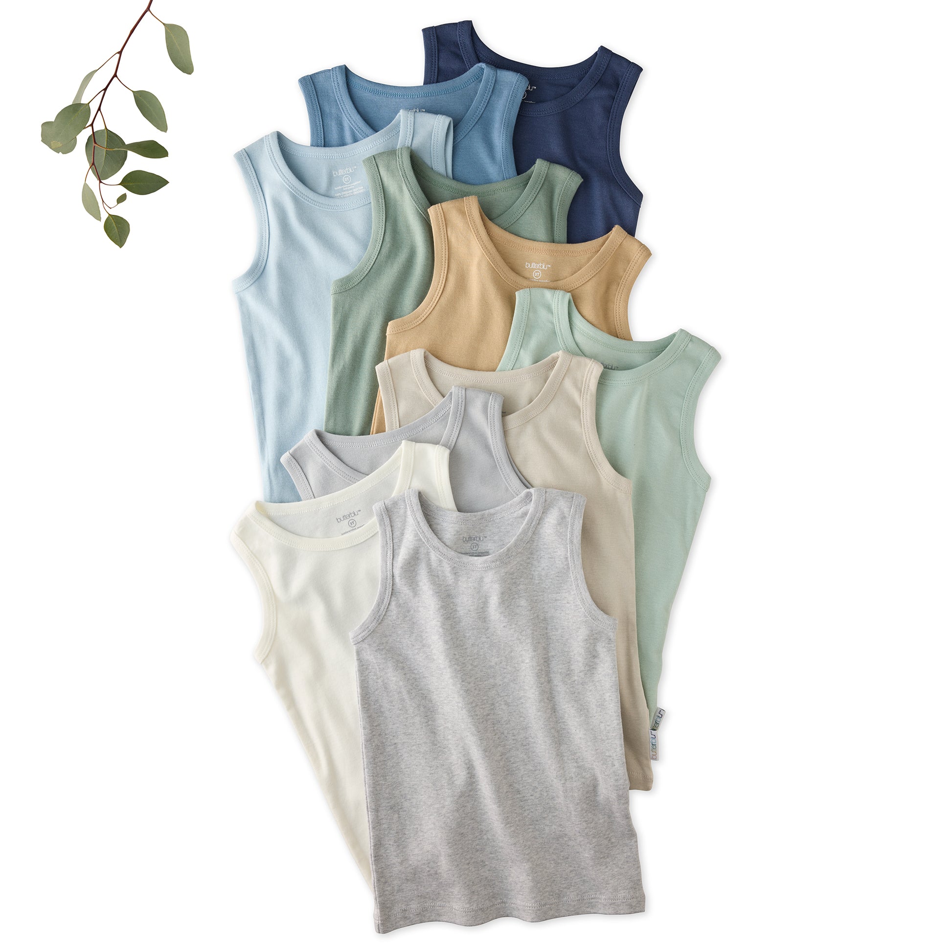 Layout of 10 short sleeve tank tops in Seafoam Terra Rainbow on a white background with a leaf detail