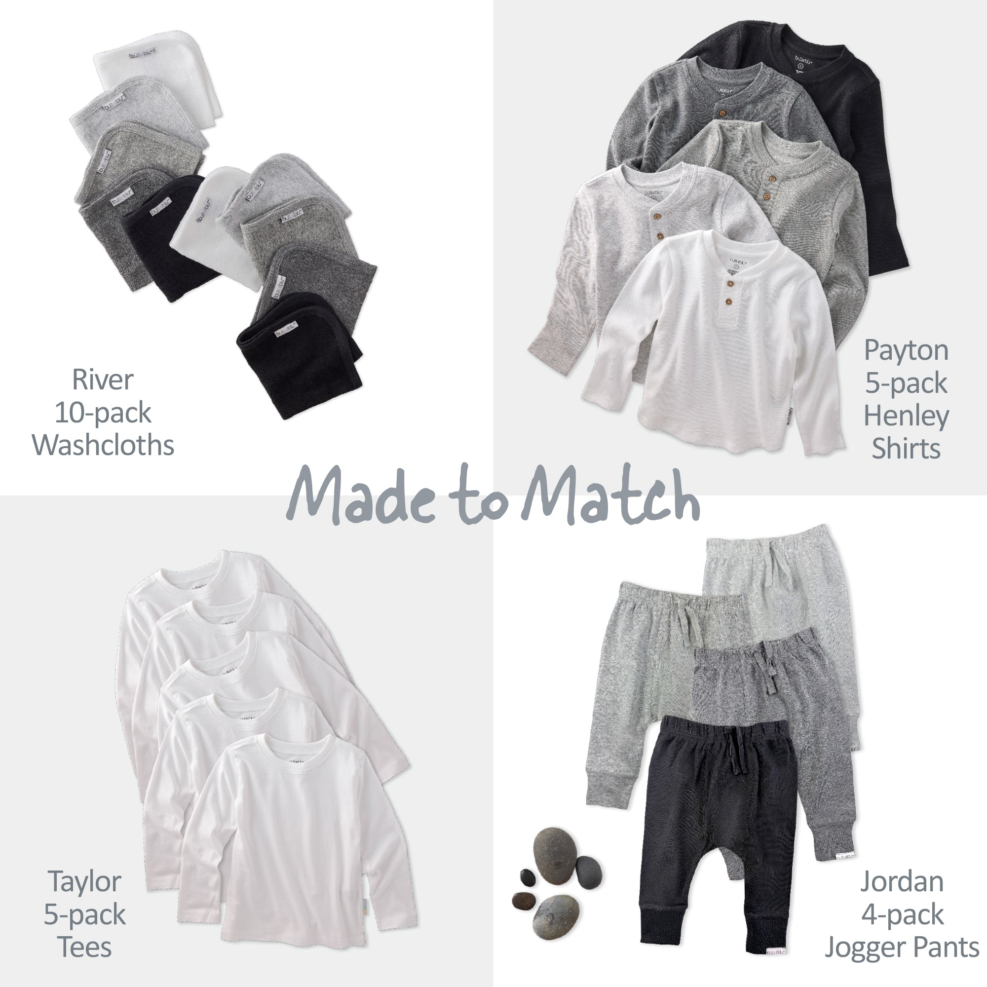 Collection of baby clothing items including washcloths, henley shirts, tees, and jogger pants on a white background.