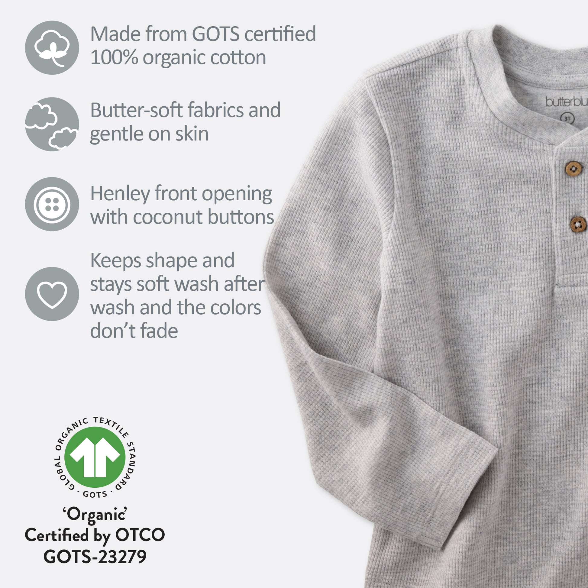 Gray henley shirt with organic cotton certification details on a white background