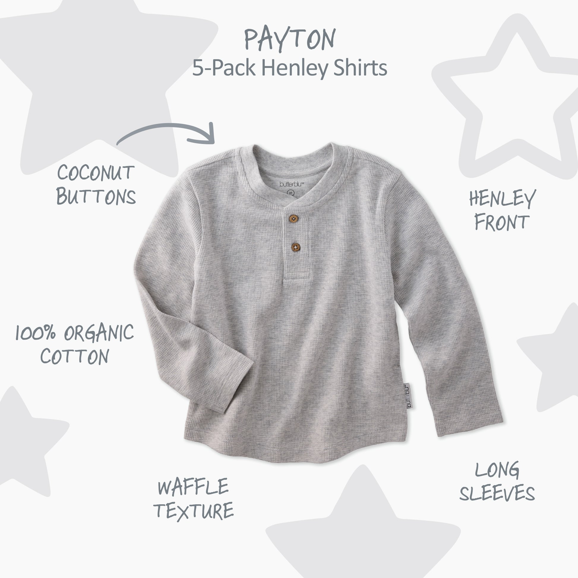 Gray henley shirt with text describing features on a white background