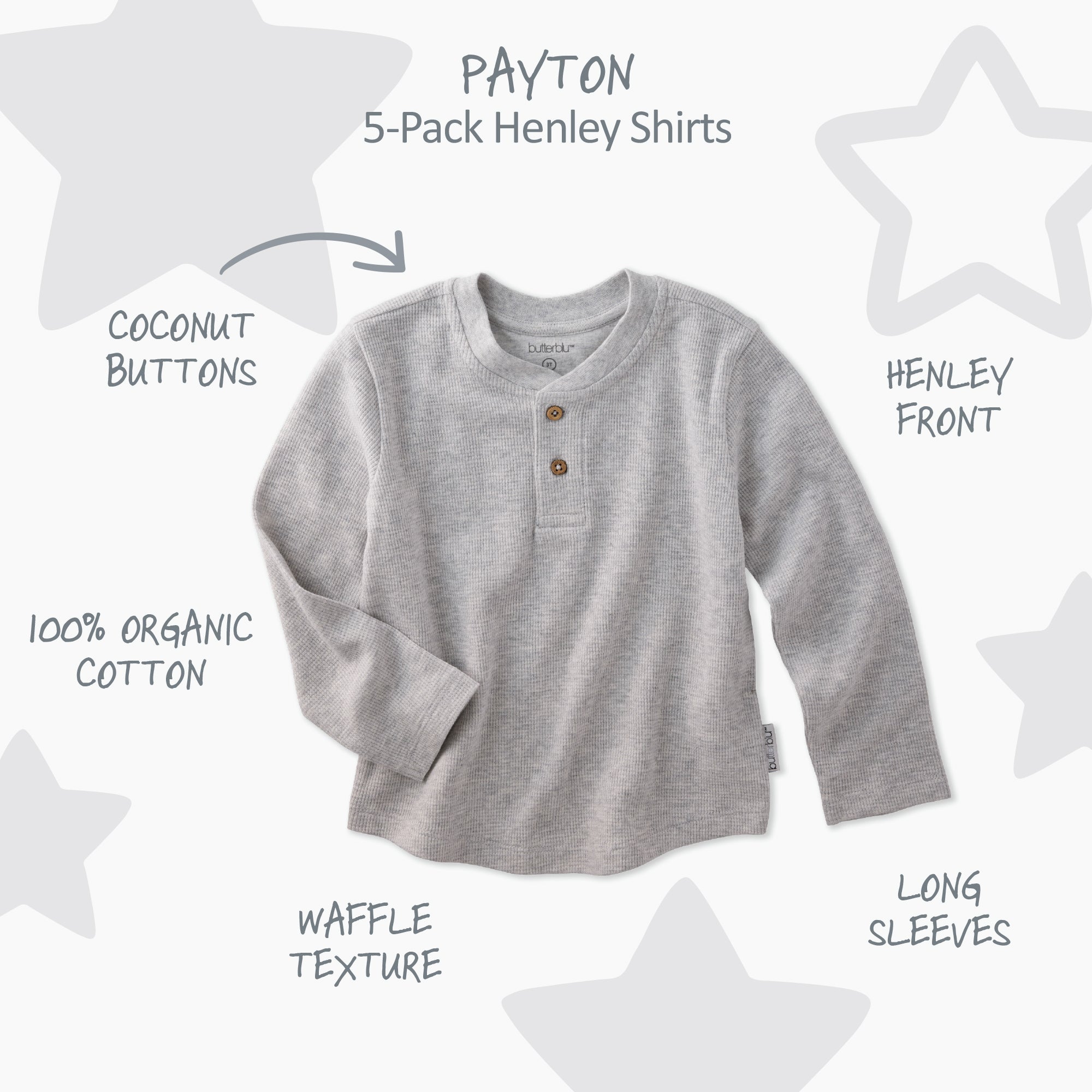 Gray henley shirt with text describing features on a white background