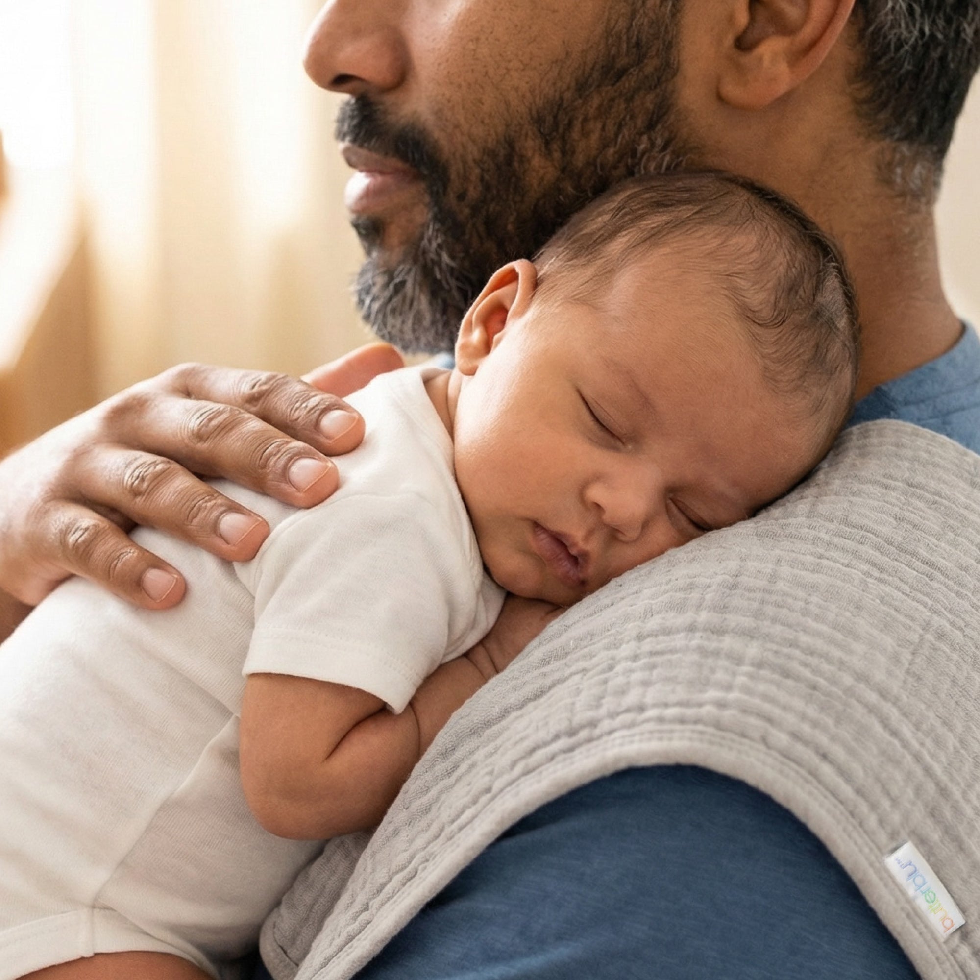 Man holding a sleeping baby close to his chest
