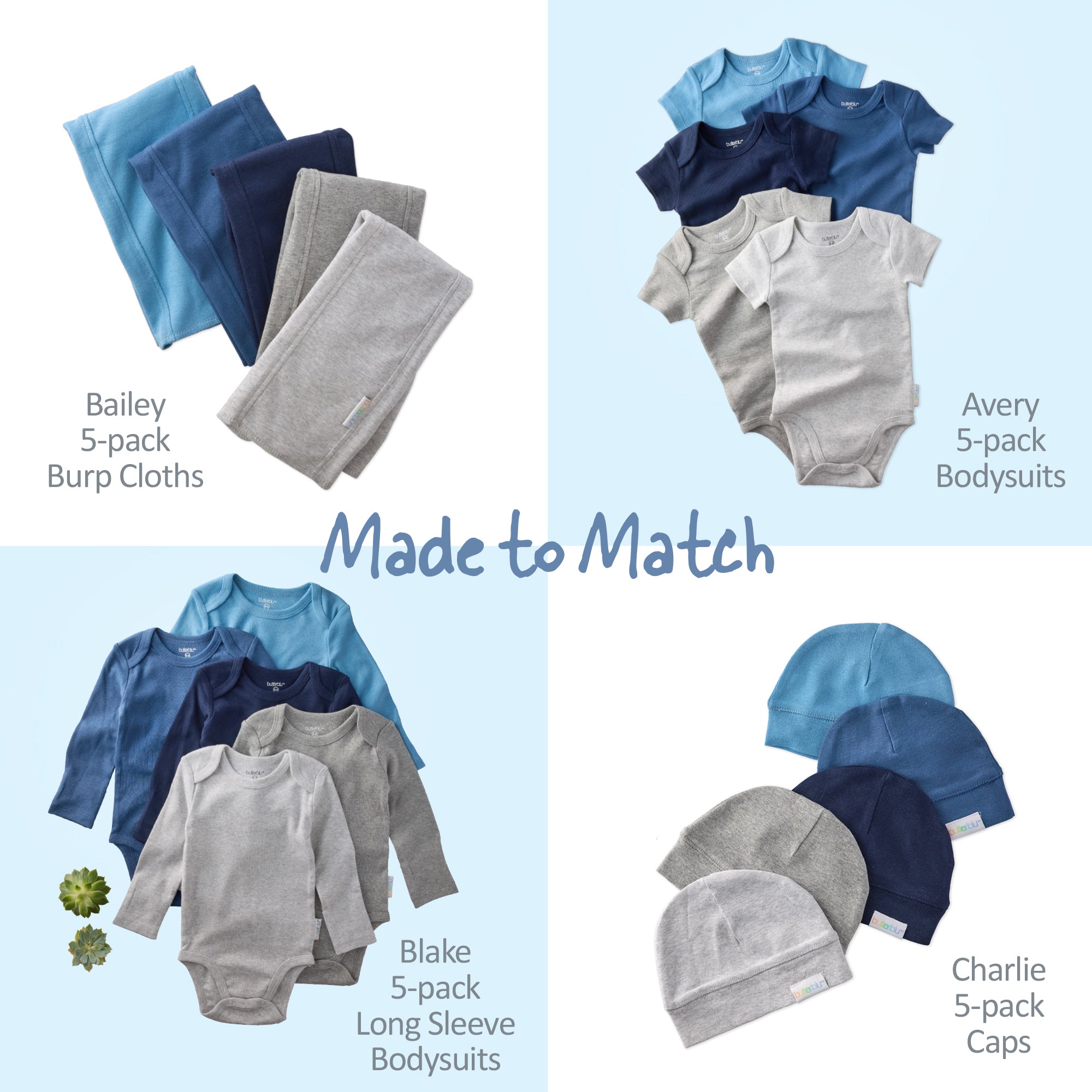 Collection of baby clothing including burp cloths, bodysuits, and caps on a light blue background.