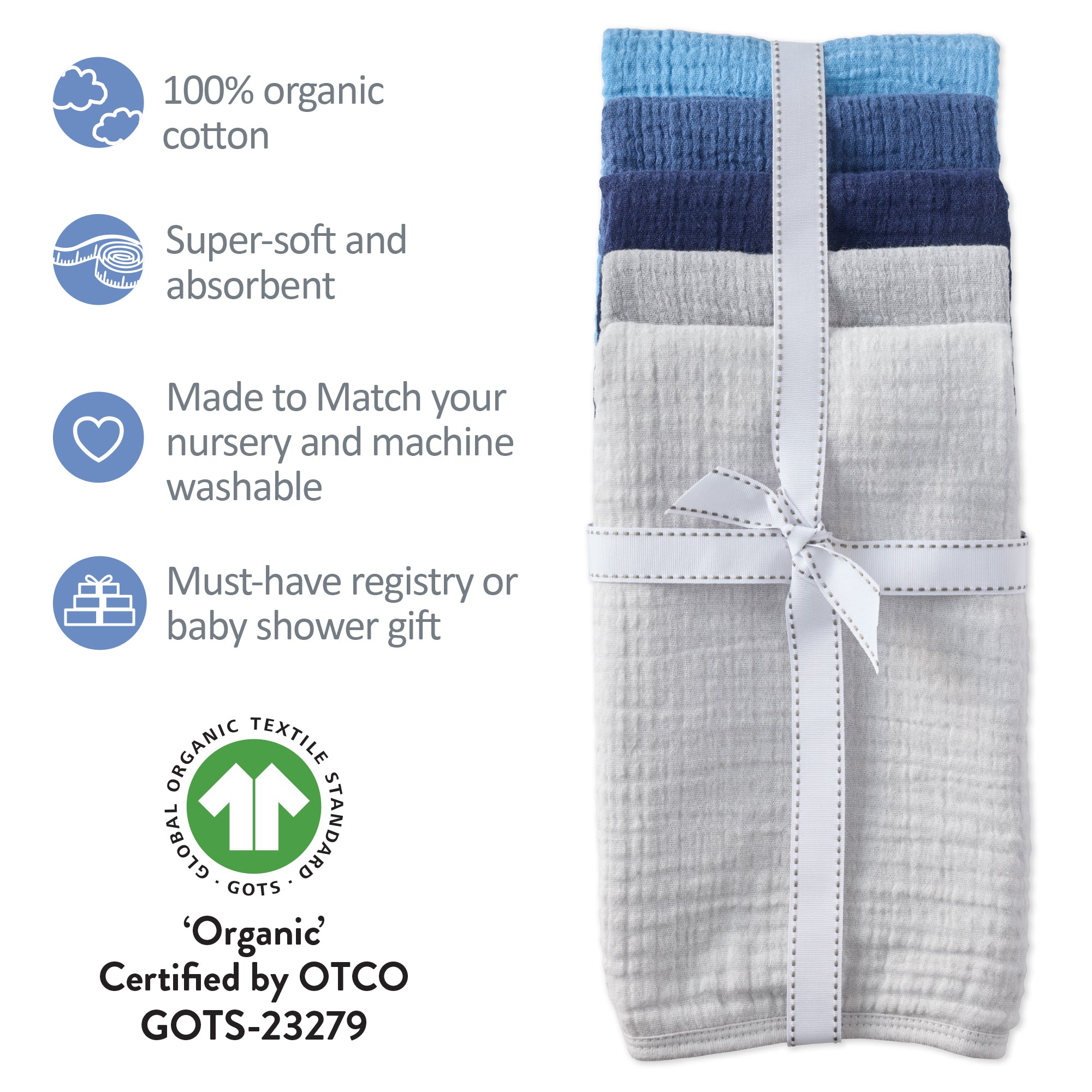 Folded baby blanket with organic certification label on a white background