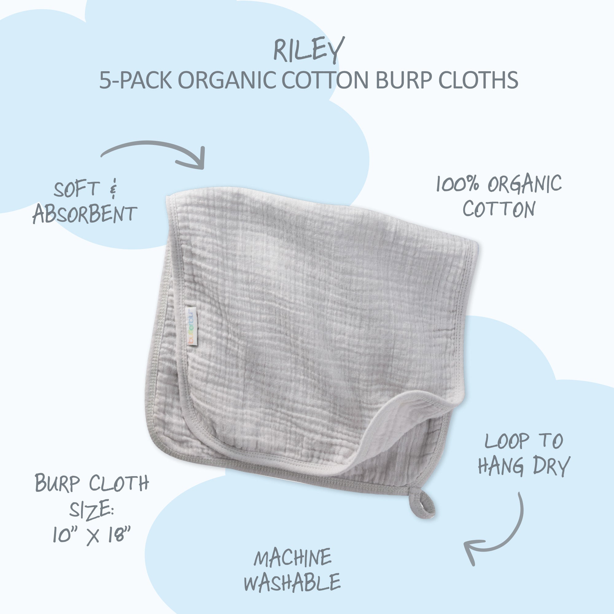 Gray organic cotton burp cloth with features listed on a white background