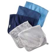 Set of three baby bibs in blue, gray, and navy on a white background