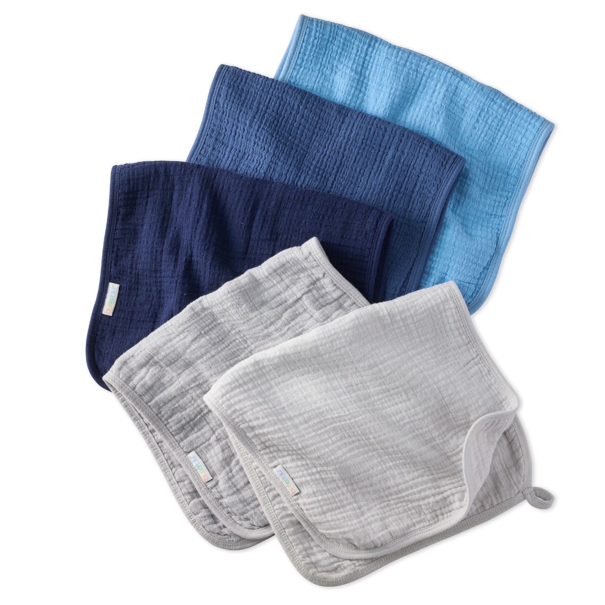Set of three baby bibs in blue, gray, and navy on a white background