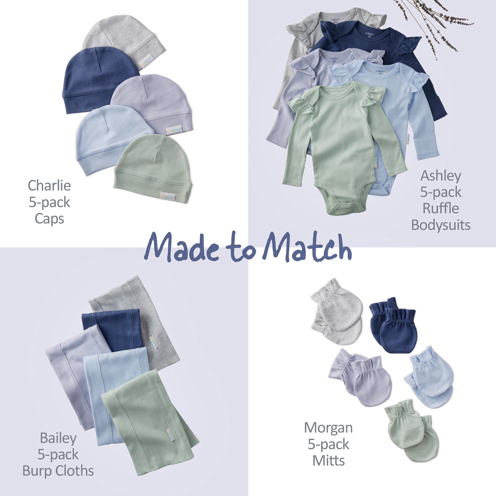 Collection of baby clothing items including caps, bodysuits, burp cloths, and mitts with text indicating brand matching sets.
