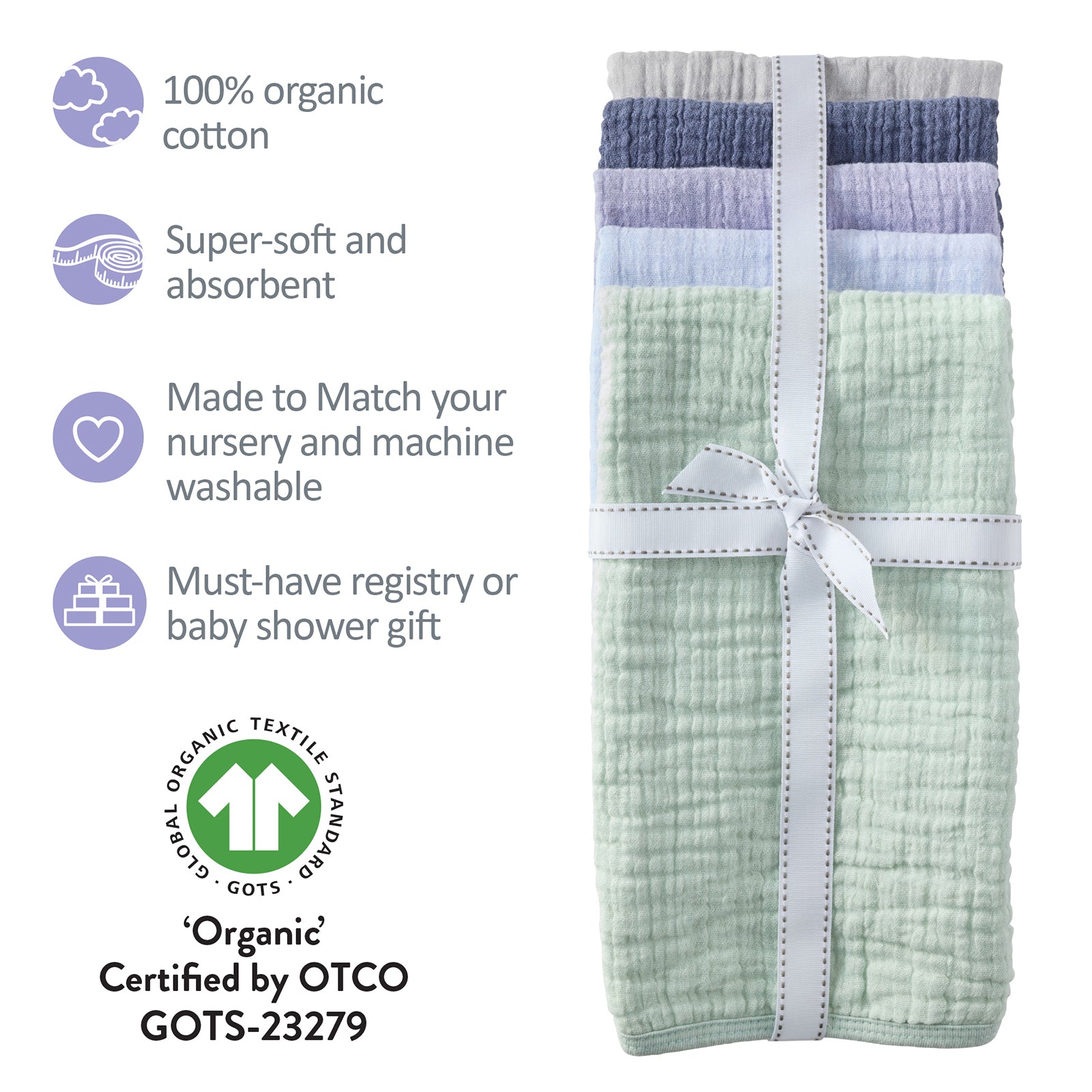 Stack of baby towels with organic certification label on a white background