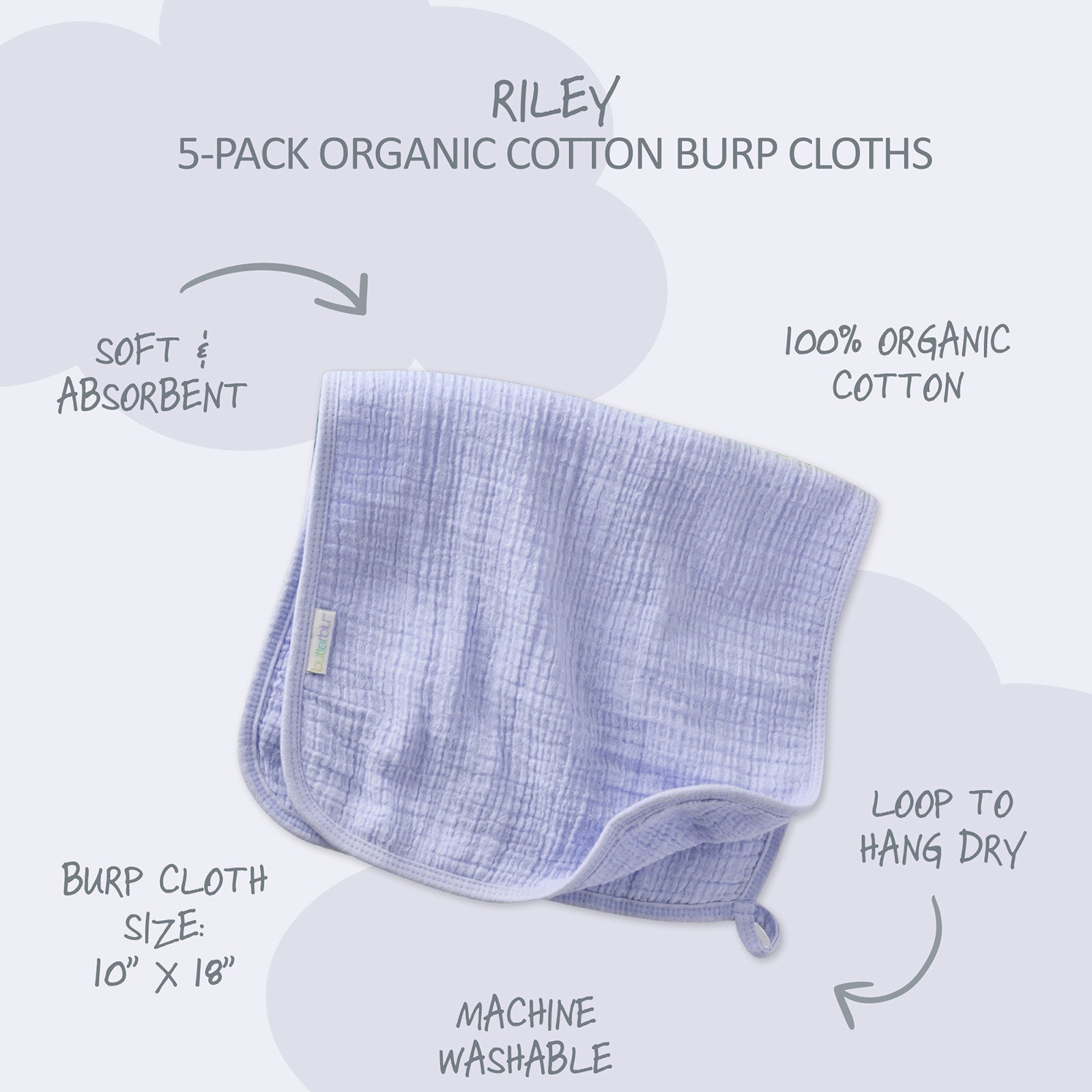 5-pack organic cotton burp cloths with text on a white background