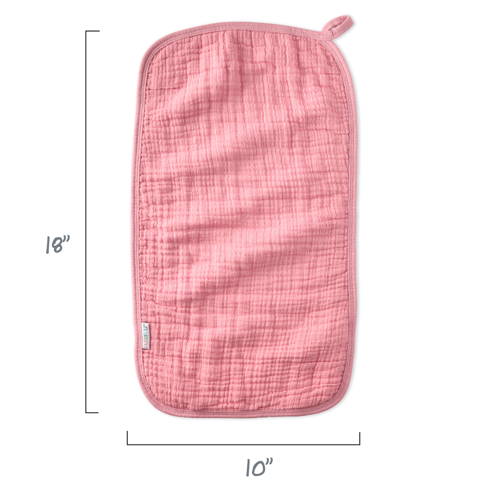 Pink textured pot holder with dimensions on a white background