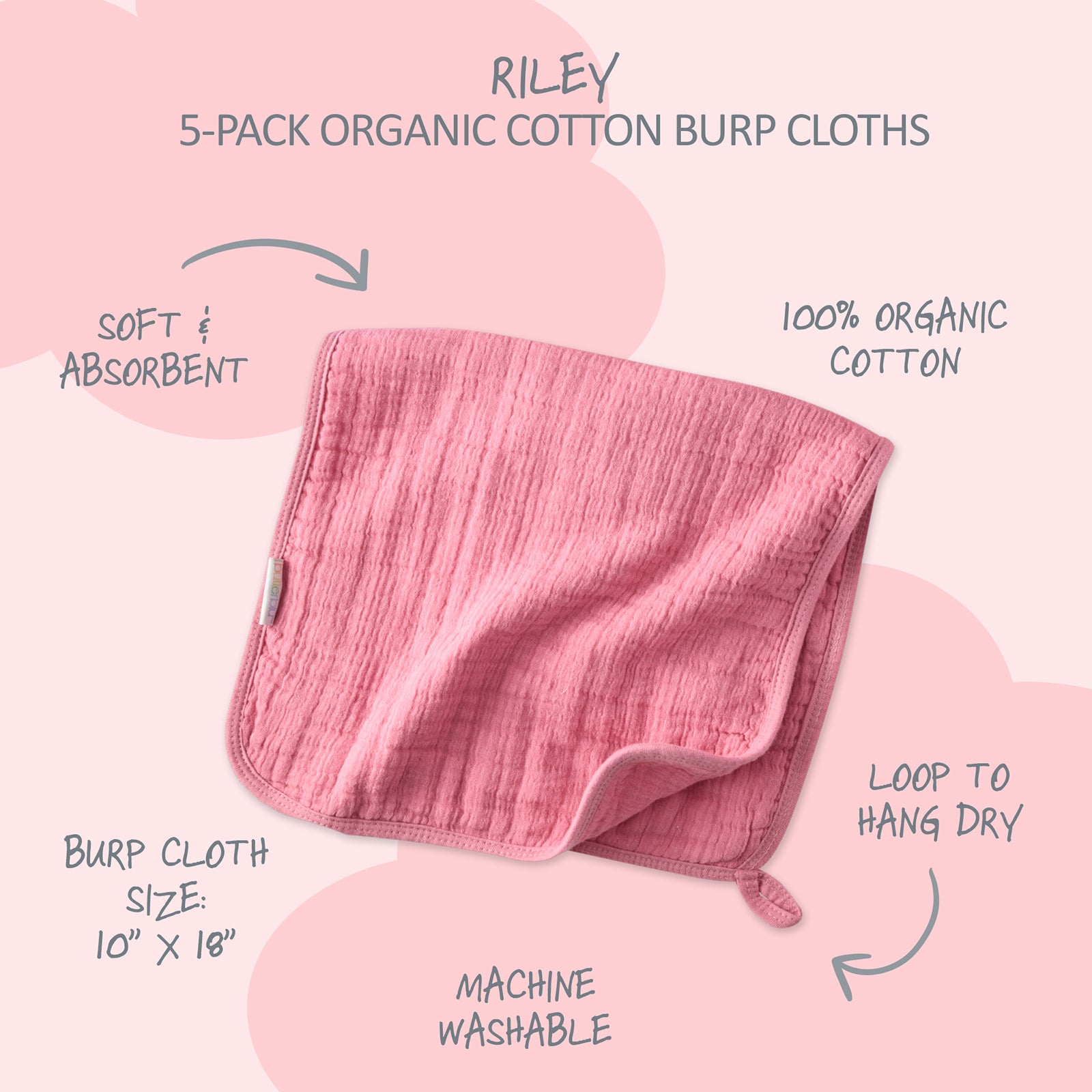 Pink organic cotton burp cloth with product details on a pink background