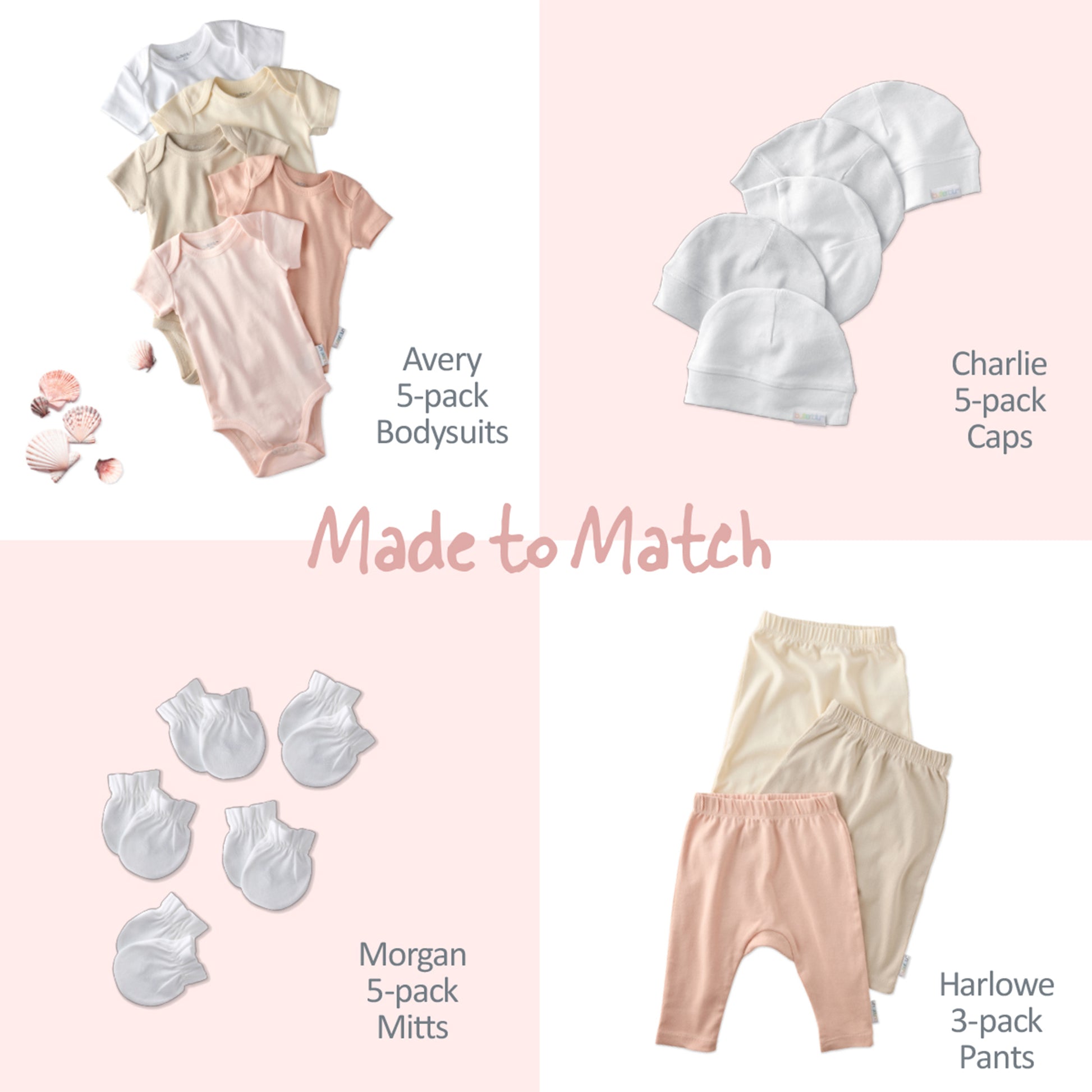Baby clothing set with bodysuits, caps, mitts, and pants on a pink background.