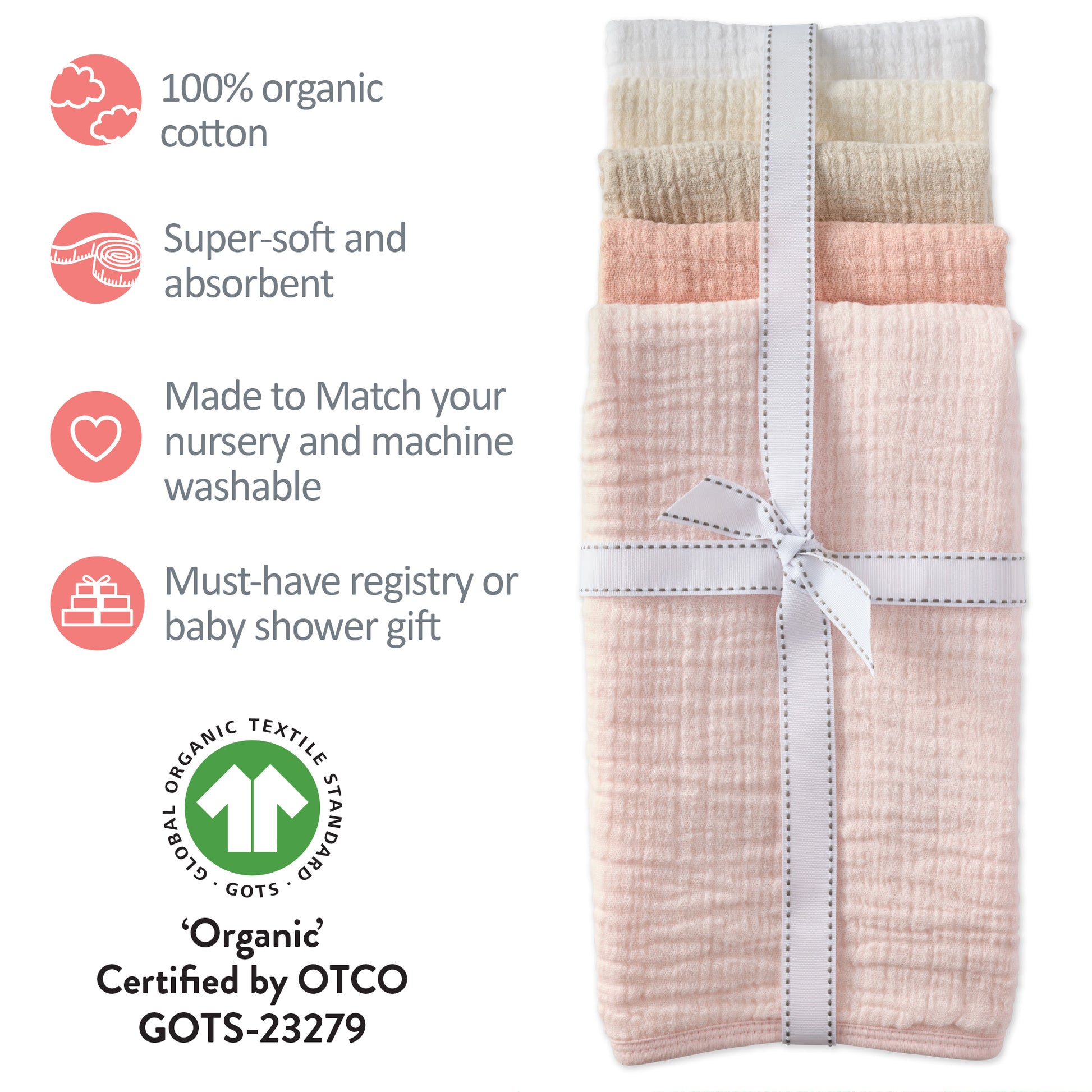 Set of pink baby blankets with GOTS certification label on a white background