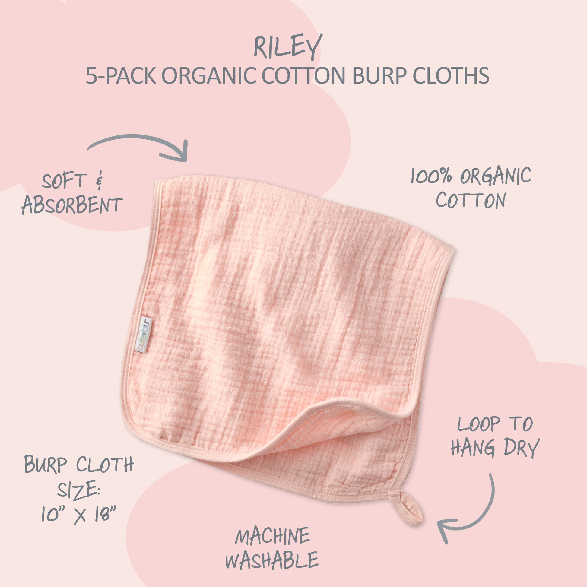 Pink organic cotton burp cloth with features highlighted on a pink background