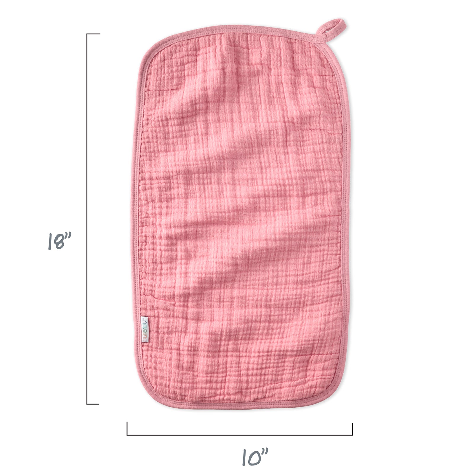 Pink textured pot holder with dimensions on a white background