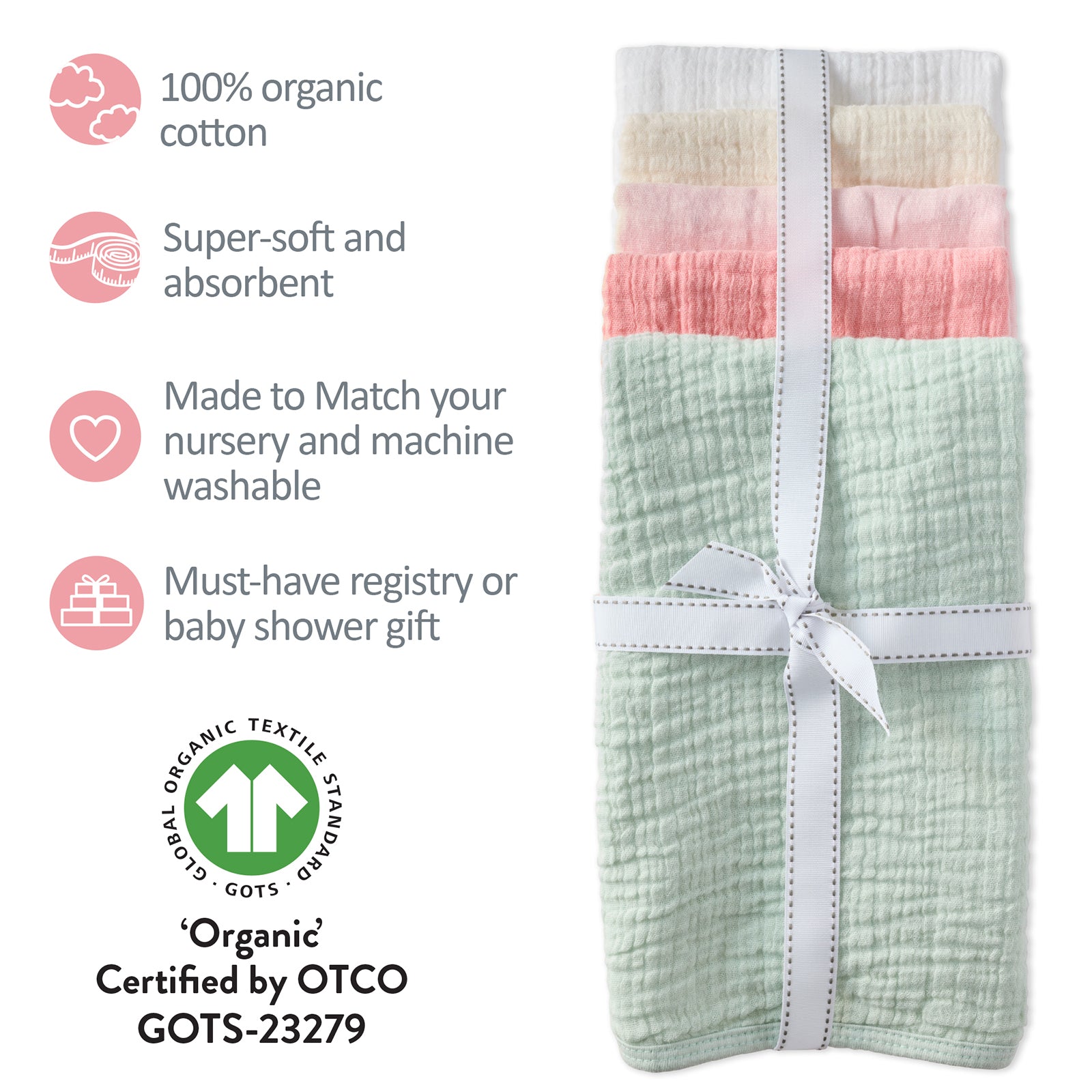 Pack of baby swaddle blankets with GOTS certification label on a white background