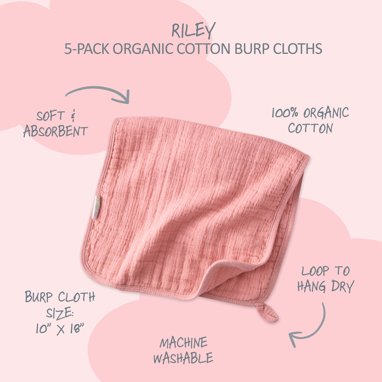 Pink organic cotton burp cloth with product details on a pink background