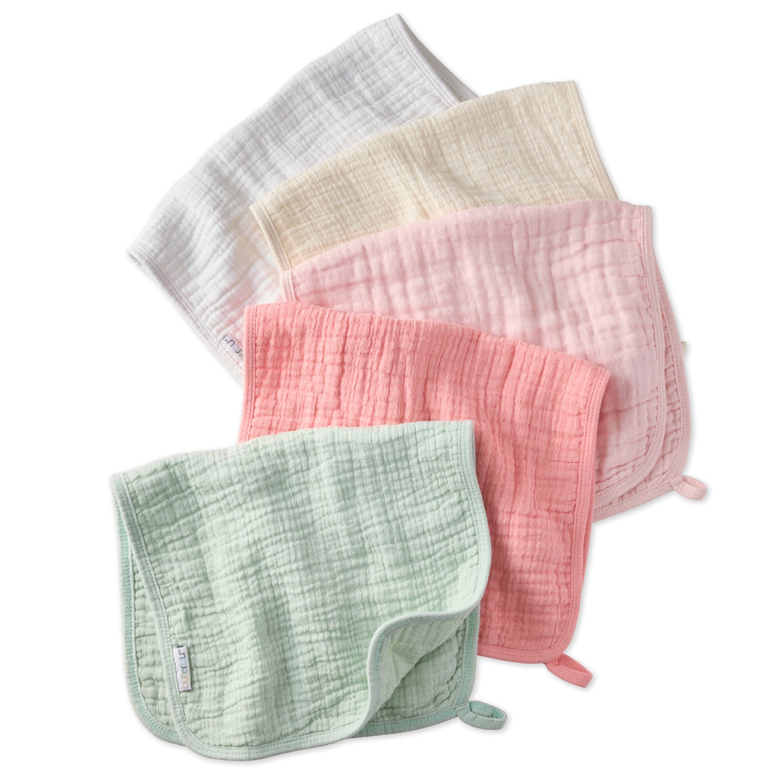 Set of five soft baby blankets in various colors on a white background