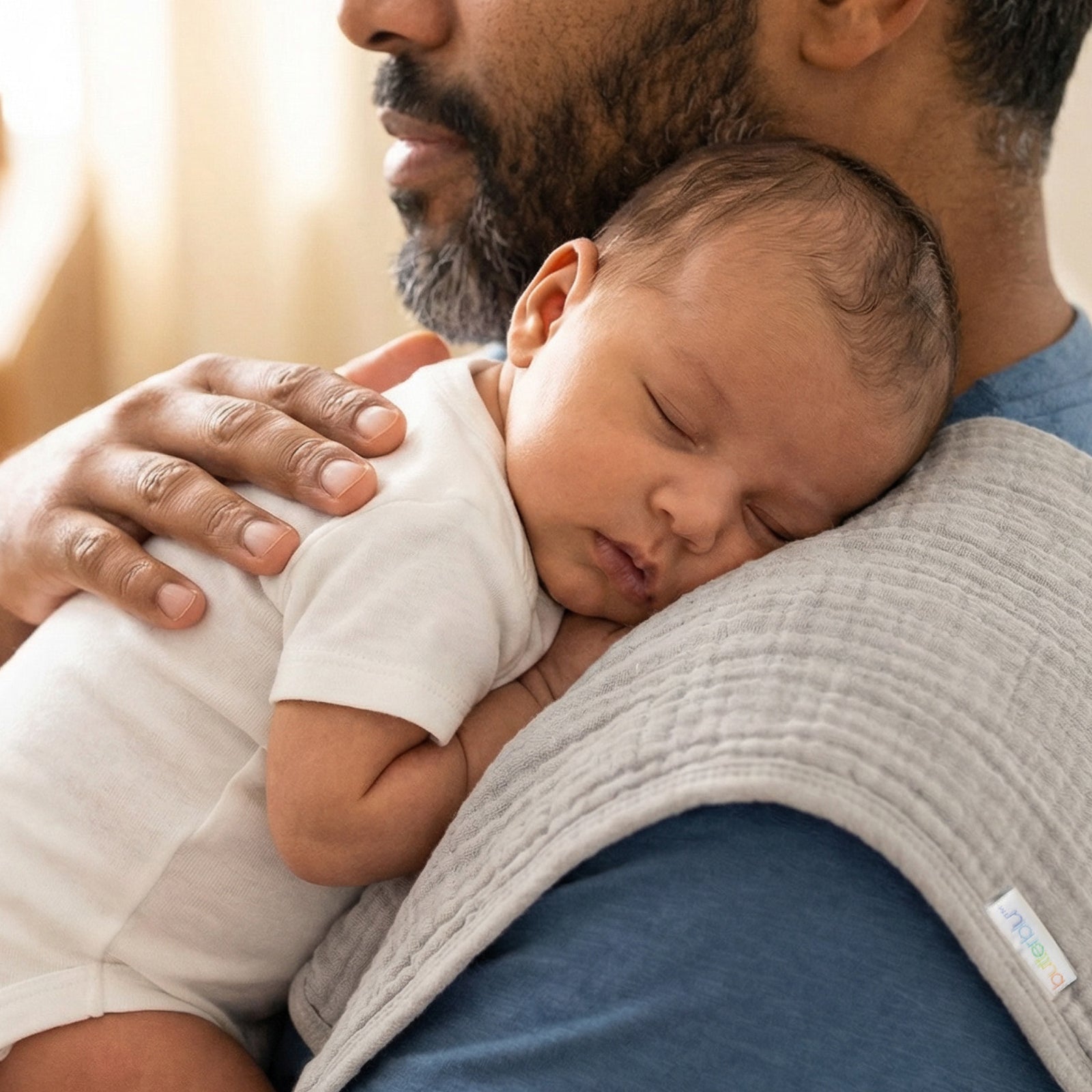 Man holding a sleeping baby close, with a soft focus background