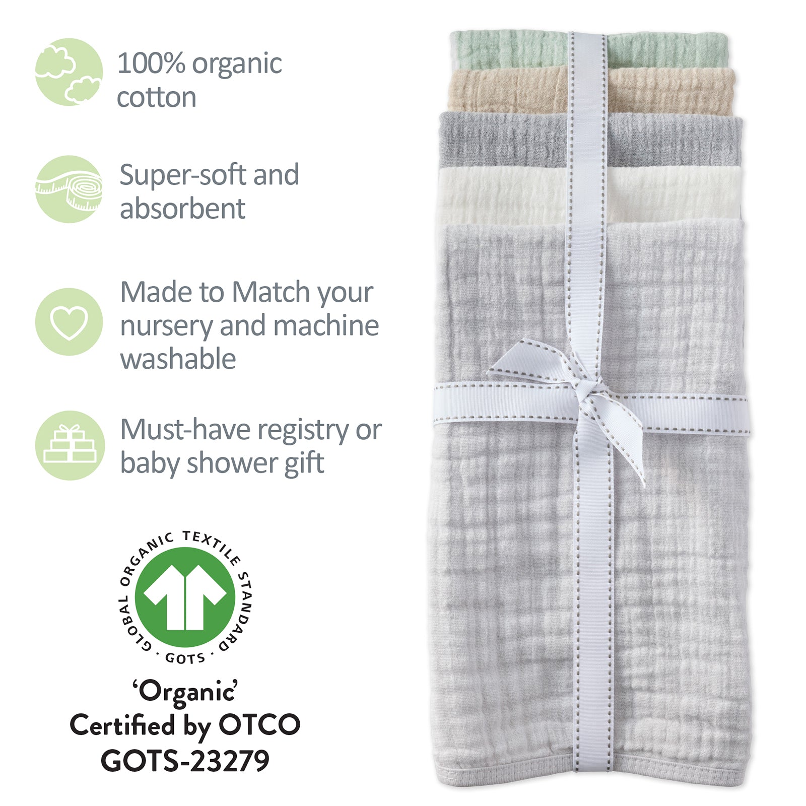 Butterblu Riley 5-pack crinkle muslin burp cloths in Seafoam — organic cotton muslin burp cloths for newborns