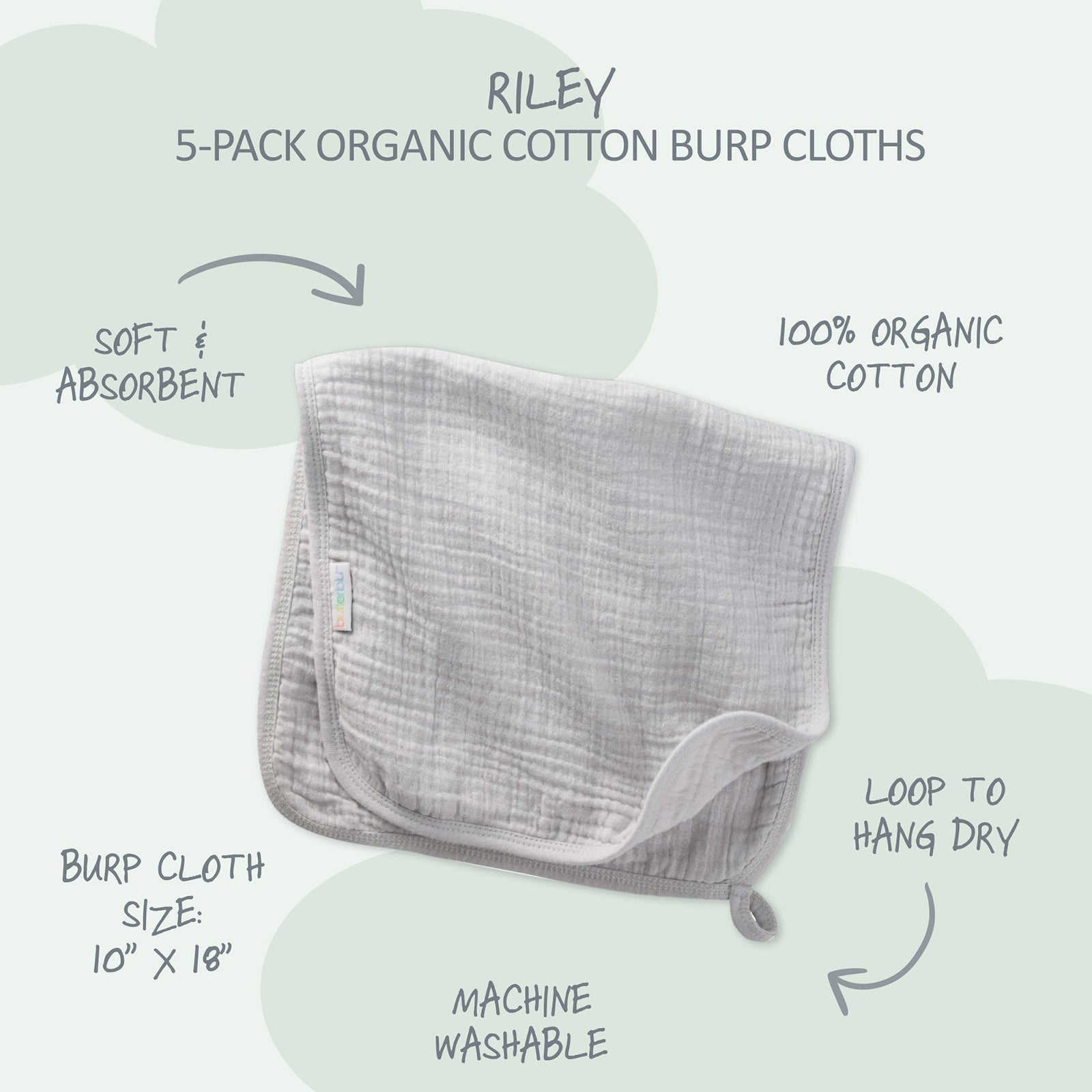 Gray organic cotton burp cloth with product details on a light green background