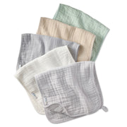 Set of five fabric burp cloths in various colors on a white background