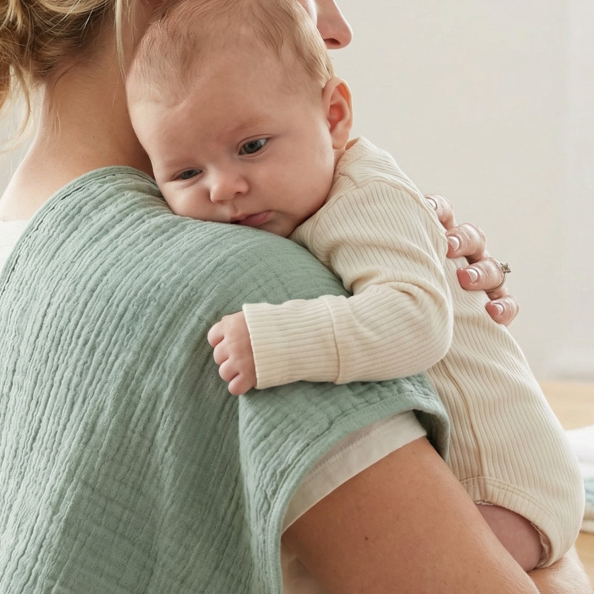 Baby being held by a person wearing a green shirt.